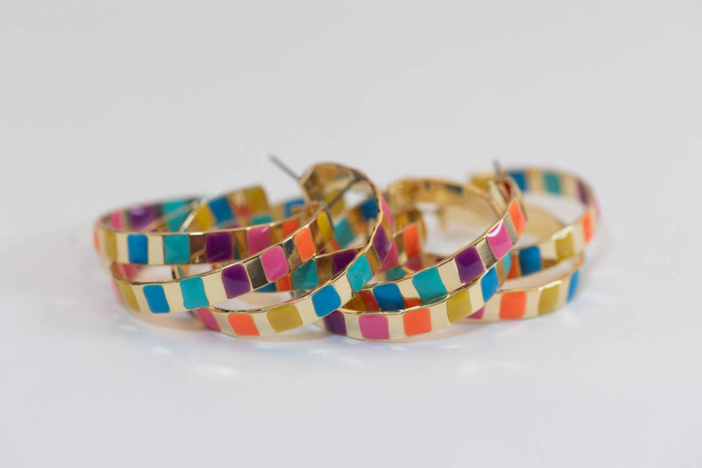 Gold and Rainbow Enamel Striped Hoop Statement Earrings