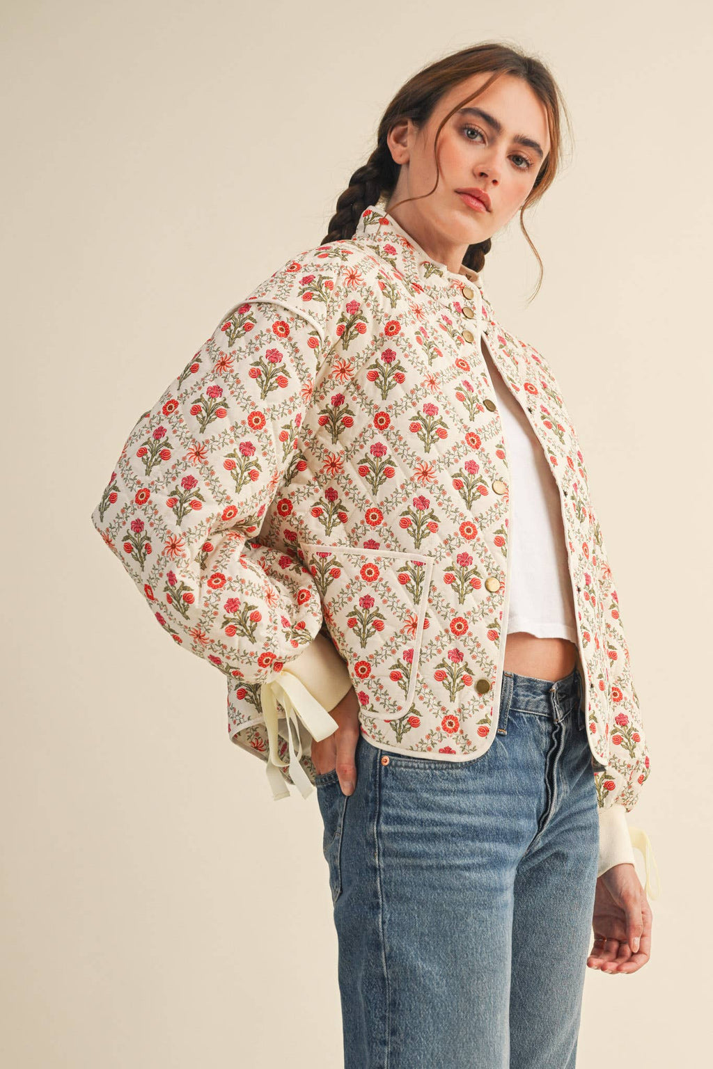 FLORAL QUILTED JACKET WITH RIBBON DETAIL | Ivory Red Floral