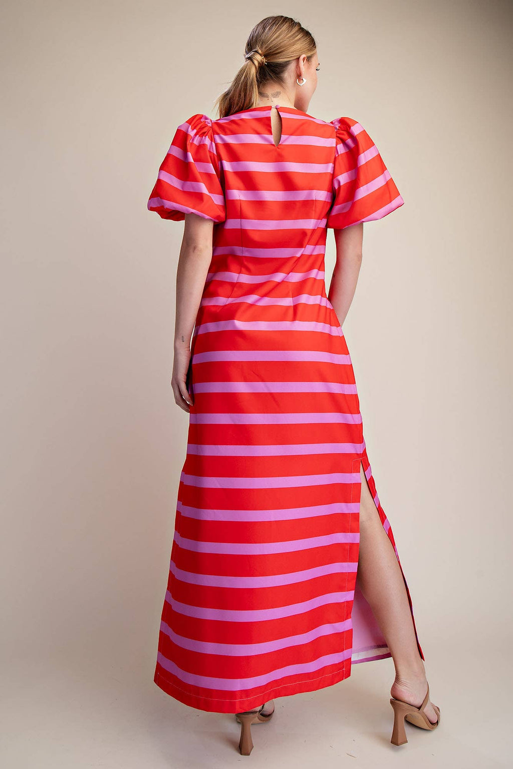 Red/Pink Puff Sleeve Maxi Dress