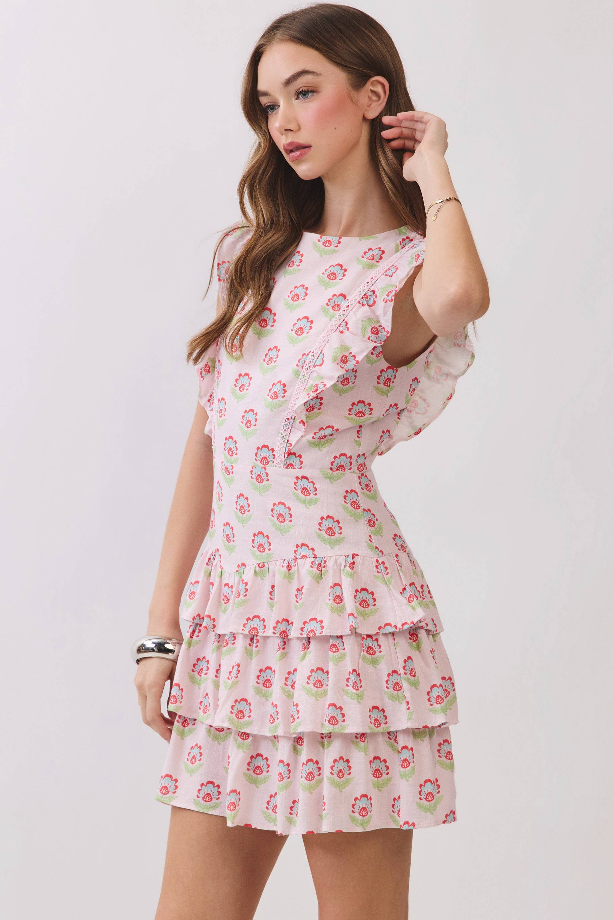 Floral Print Lace Trim Ruffle Tiered Mini Dress