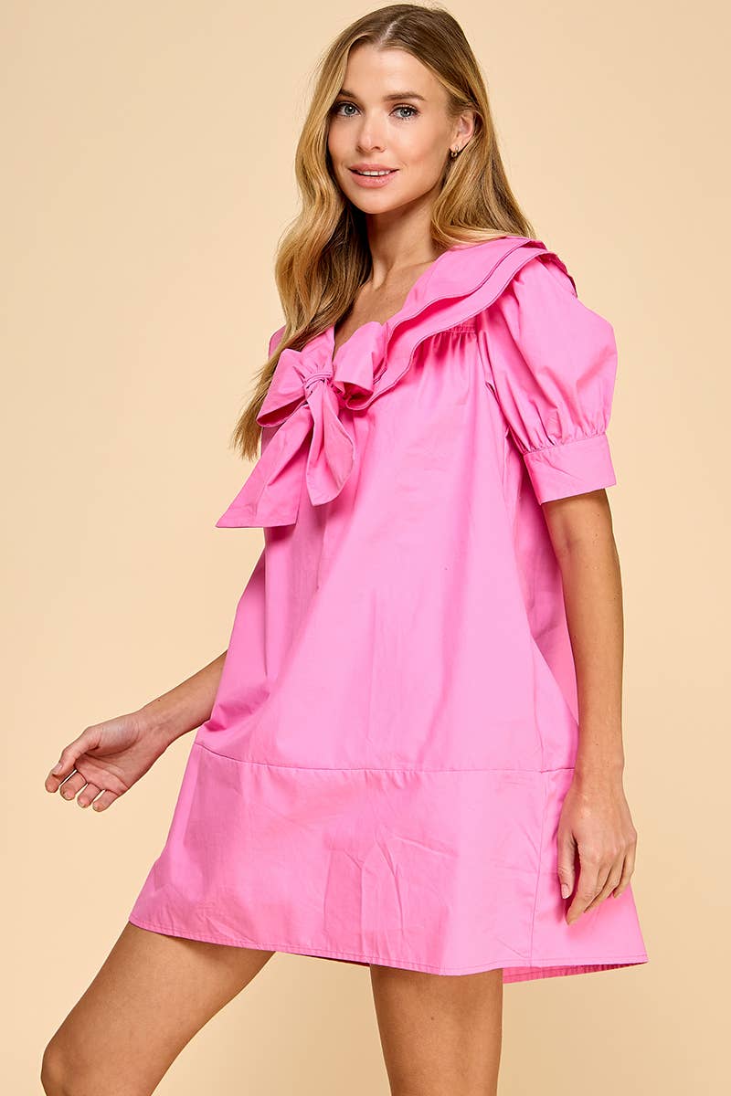 Wide Sailor Collar Front Bow Tie Shift Dress: HOT PINK