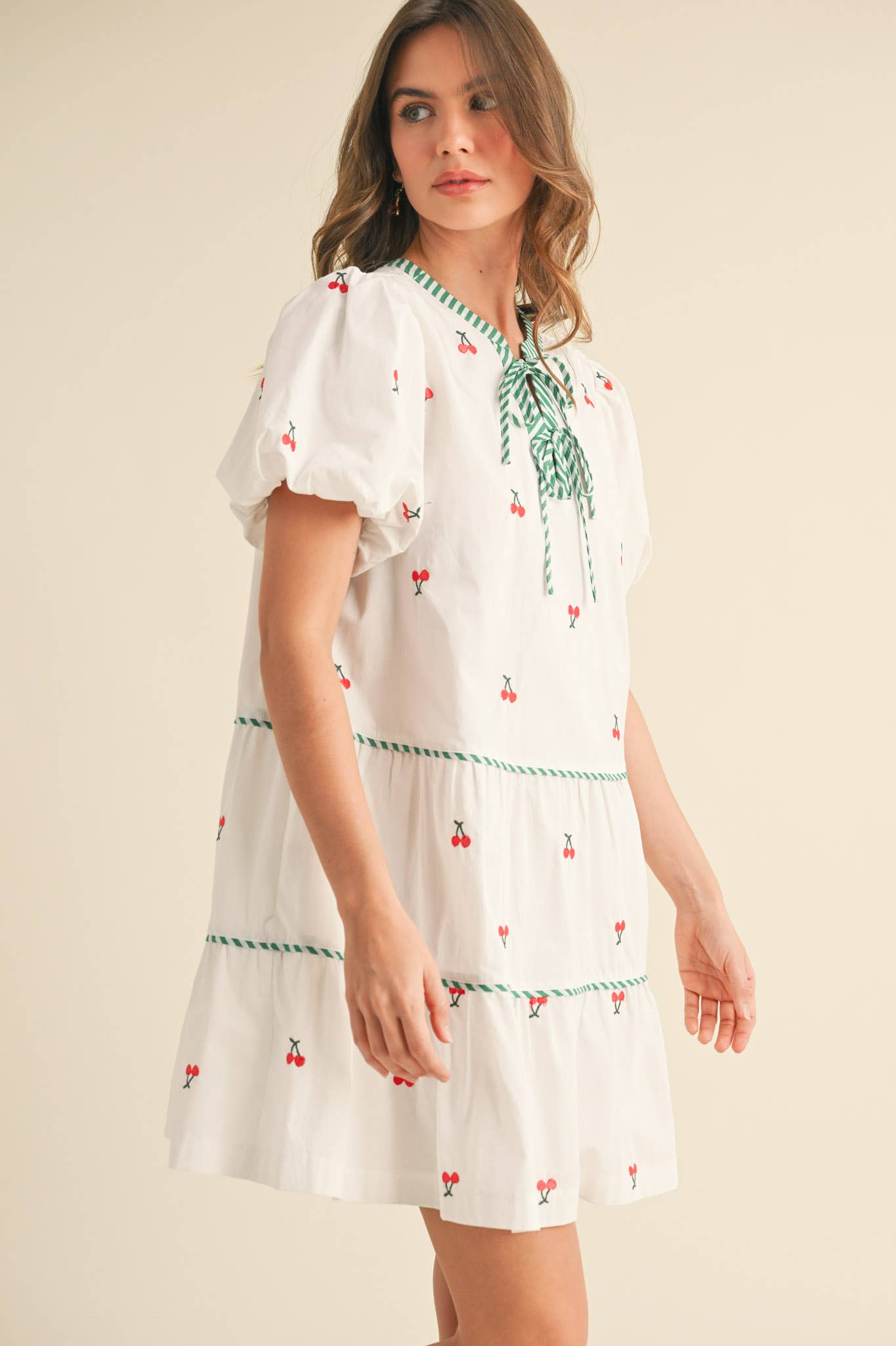 CHERRY EMBROIDERY PUFF SLEEVE MINI DRESS