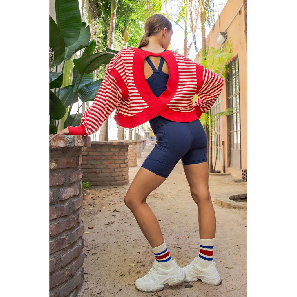 STRIPED OPEN BACK LONG SLEEVE TOP: Red/Ivory