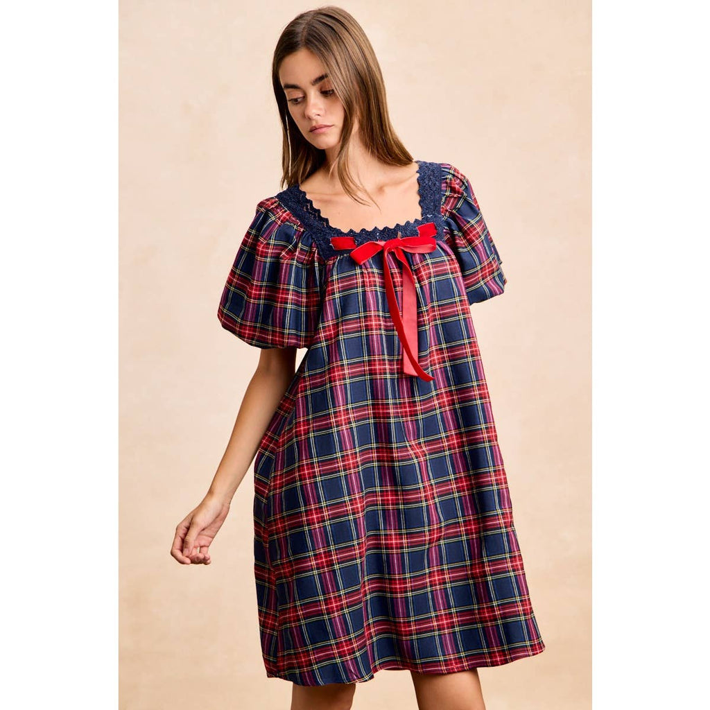 CHRISTMAS PLAID BALLOON SLEEVES SQUARED NECK DRESS