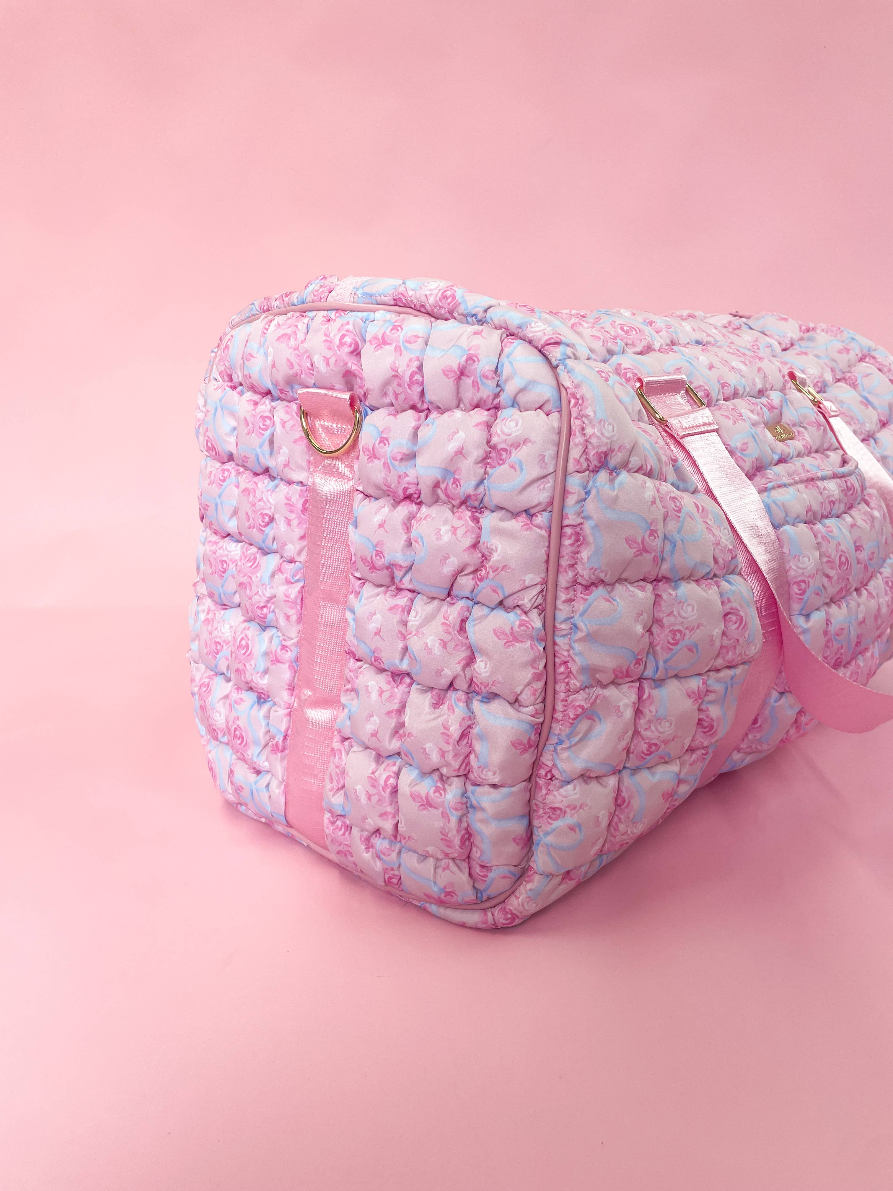 Watercolor Floral Bow Quilted Weekender Duffle Bag