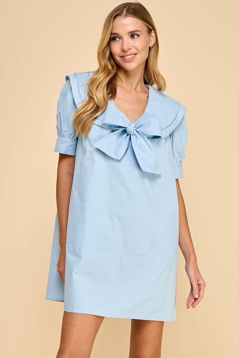 Wide Sailor Collar Front Bow Tie Shift Dress: HOT PINK