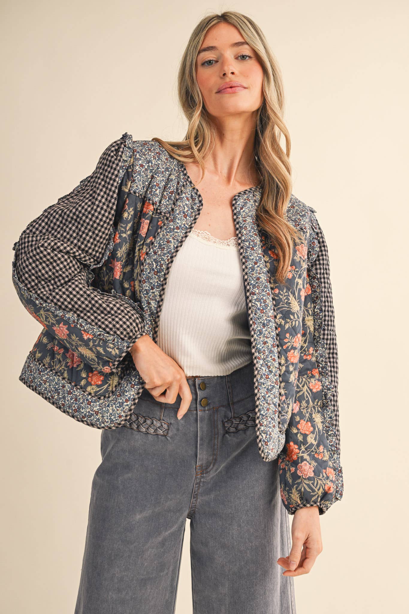 BURGUNDY MIXED PRINT QUILTED JACKET WITH RUFFLE TRIM
