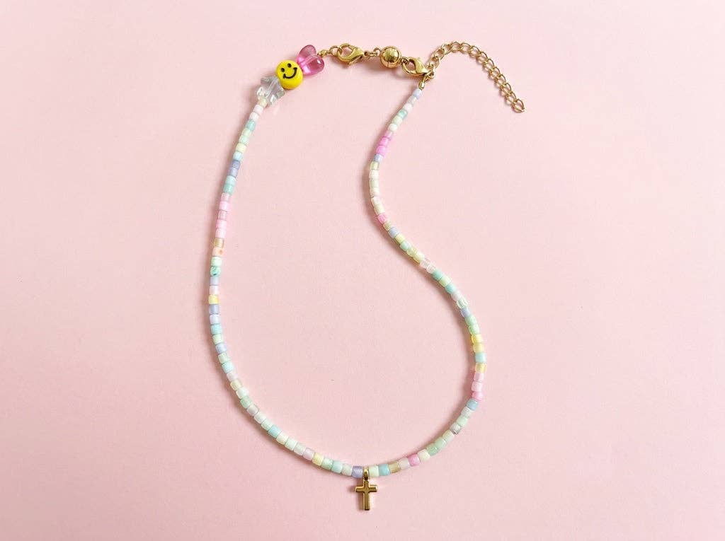 Beaded Necklace - Pastels w/ Gold Cross - Izzy