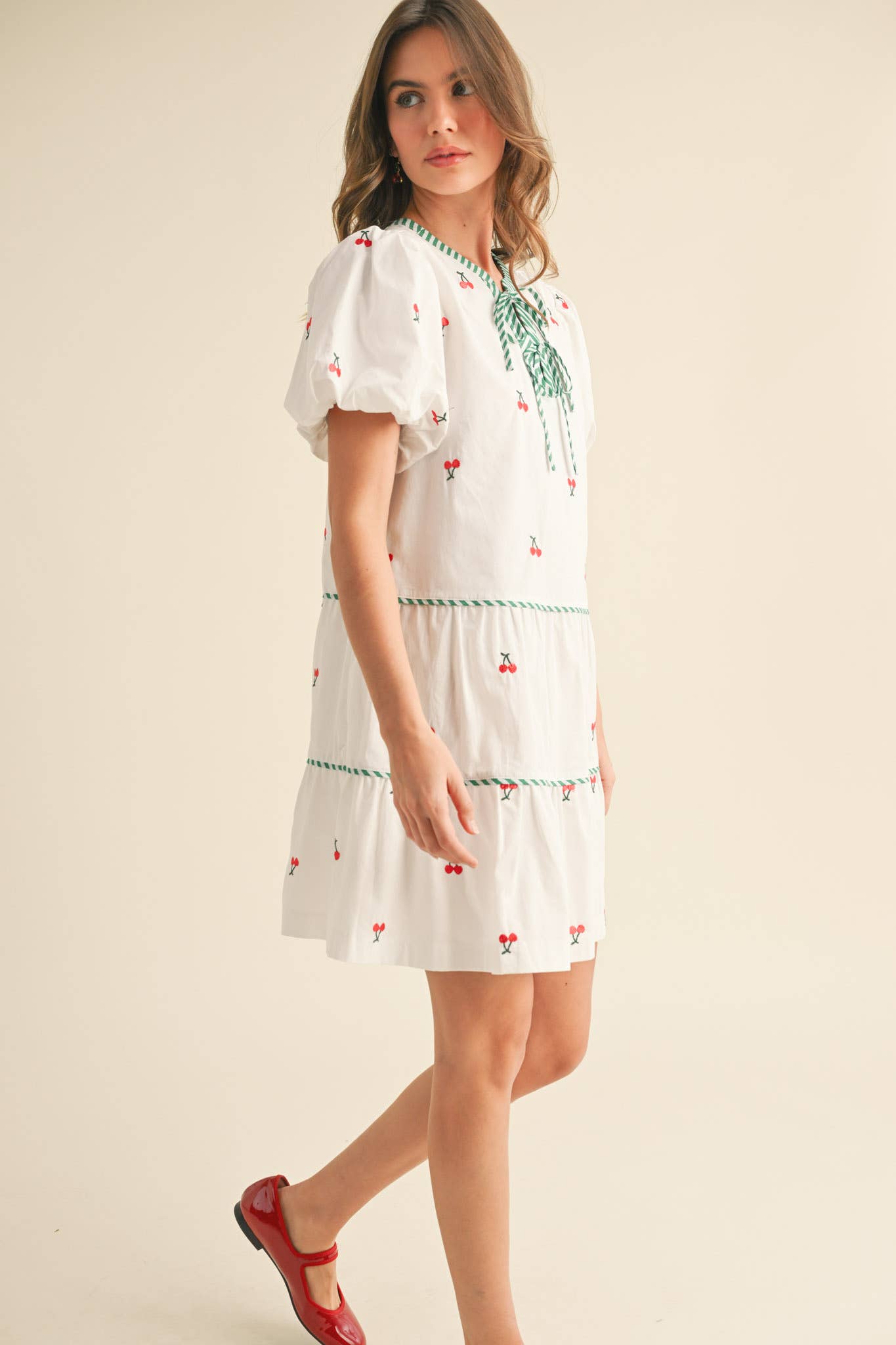 CHERRY EMBROIDERY PUFF SLEEVE MINI DRESS