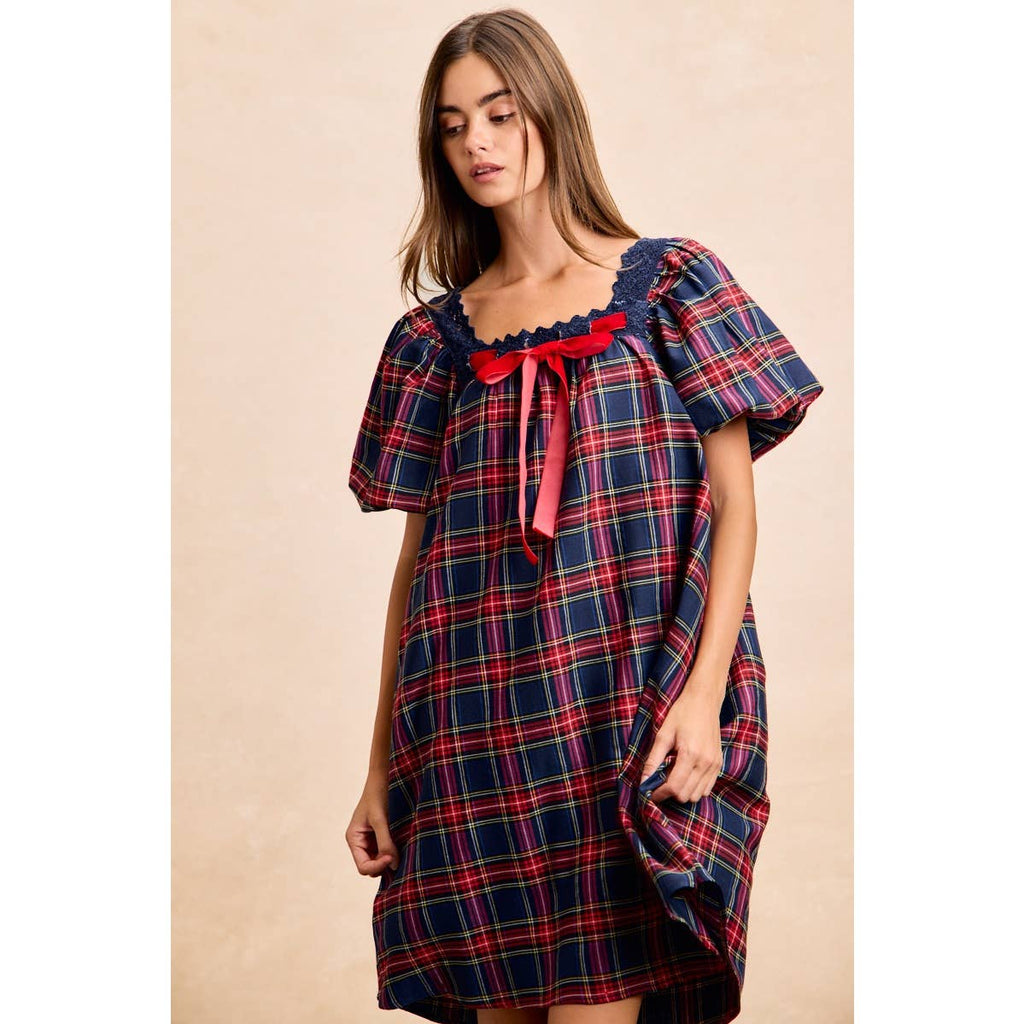 CHRISTMAS PLAID BALLOON SLEEVES SQUARED NECK DRESS