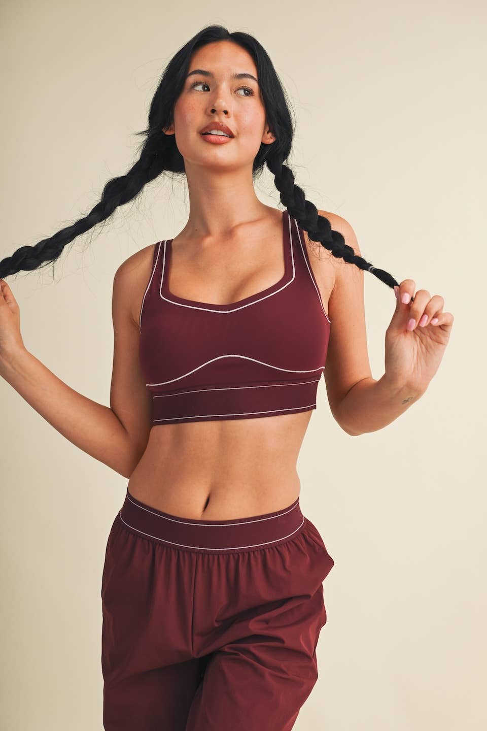 Burgundy Contrast Thread Sports Bra