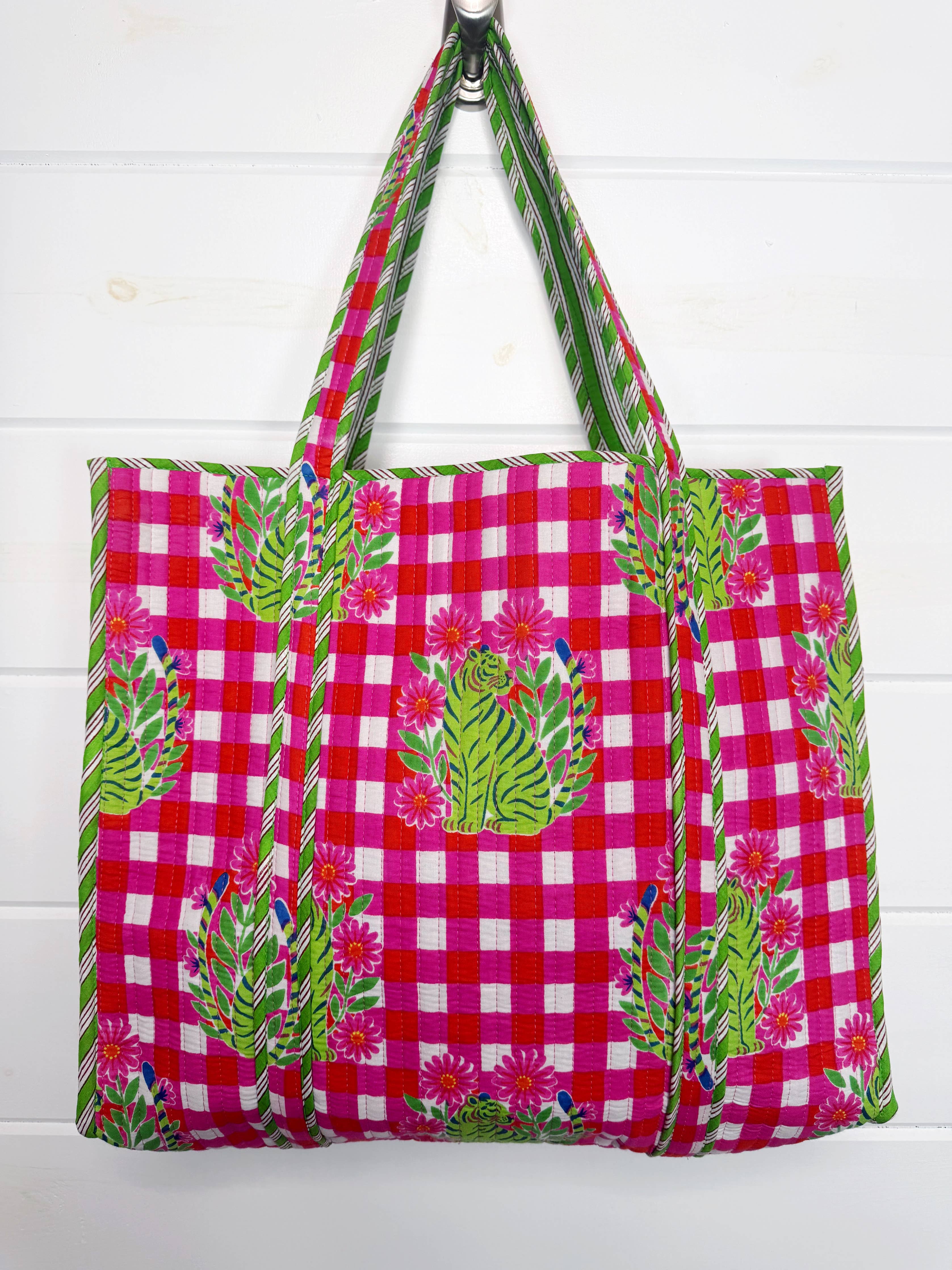 Tote Bags Quilted | Large Travel Tote | Pink Checkered Tiger