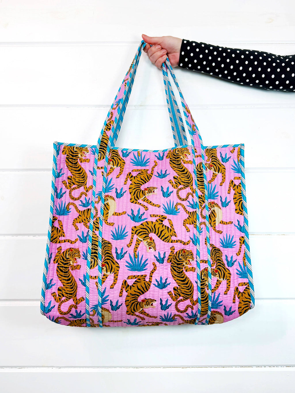 Quilted Tote Bag | Large Travel Bag | Pink Blue Tiger Print