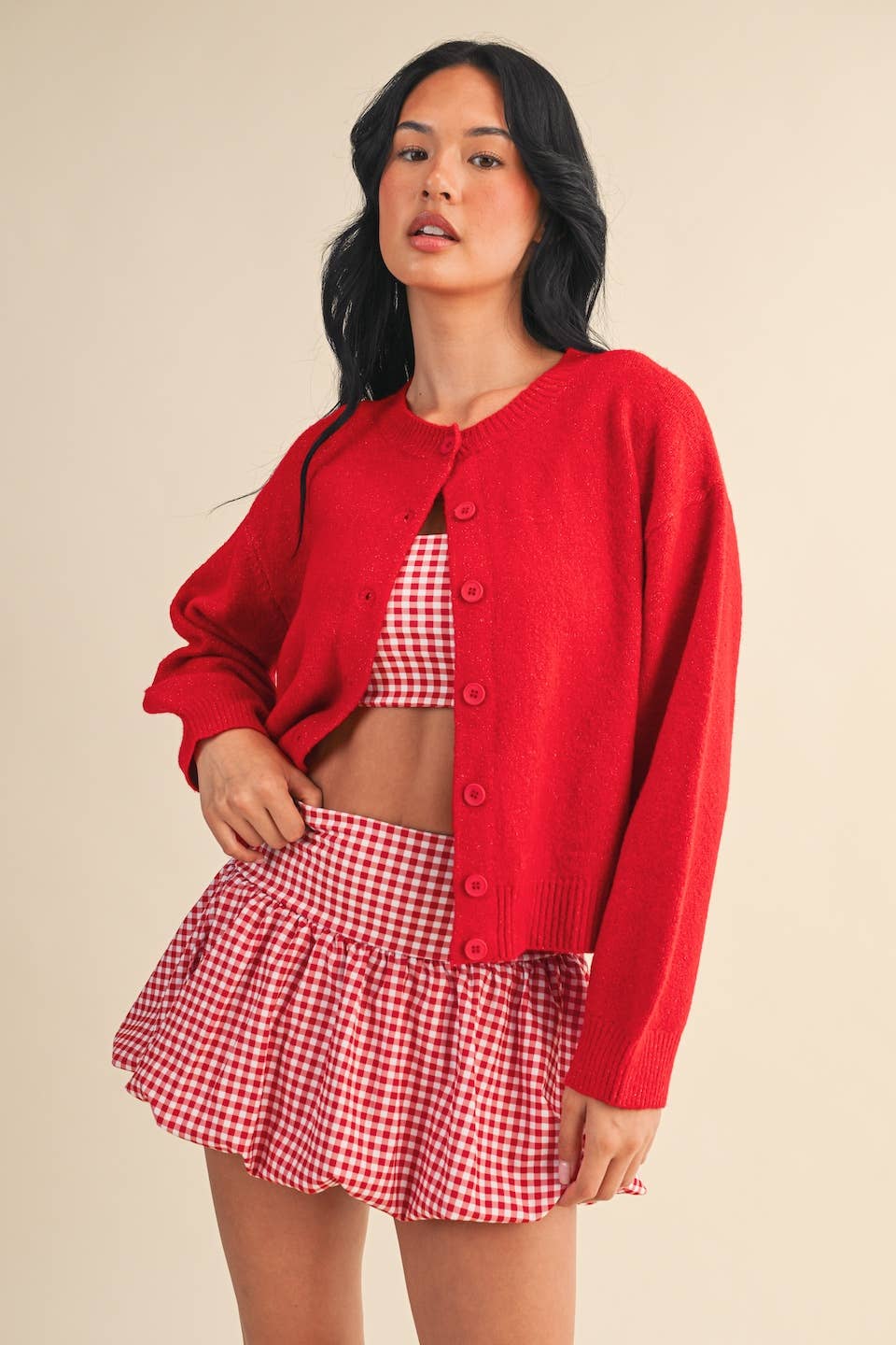 Knit Button Up Cardigan Sweater: Red