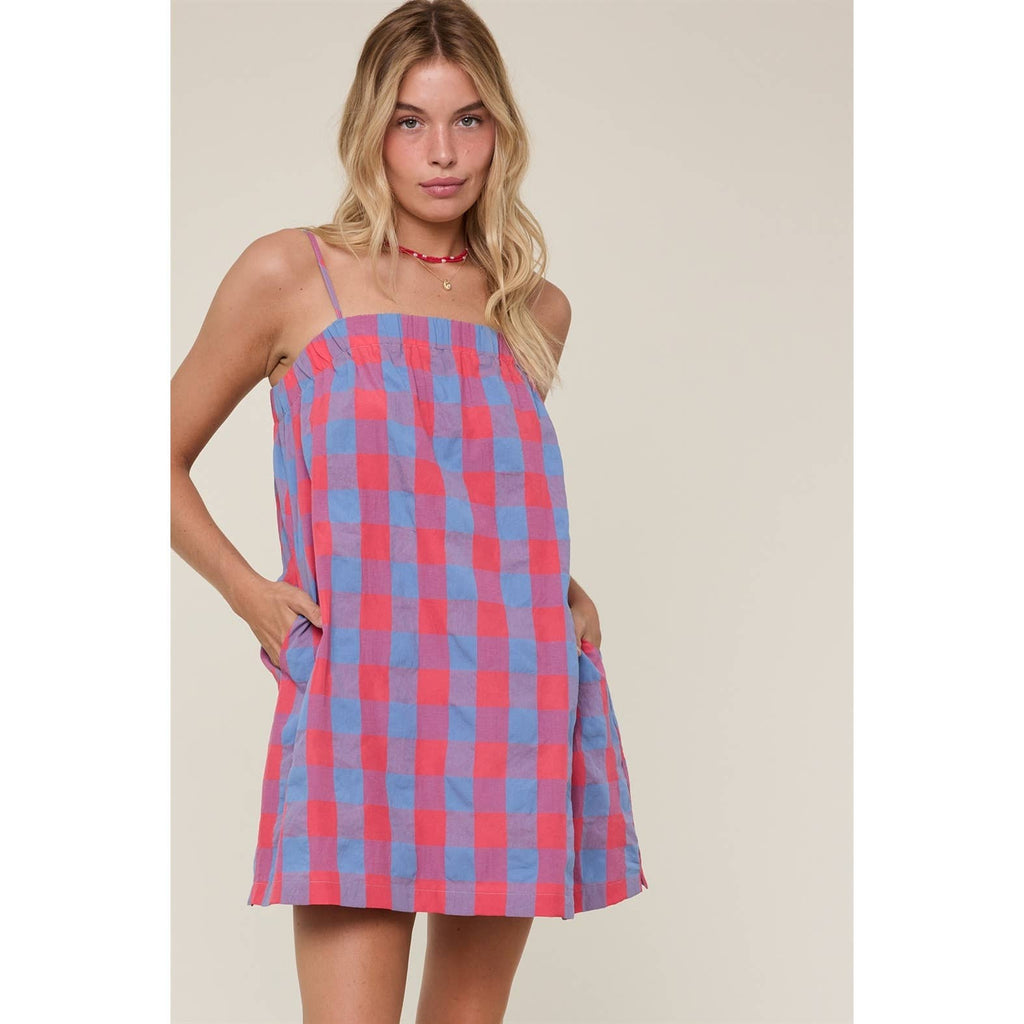 PLAID CAMI MINI DRESS | CHERRY/BLUE