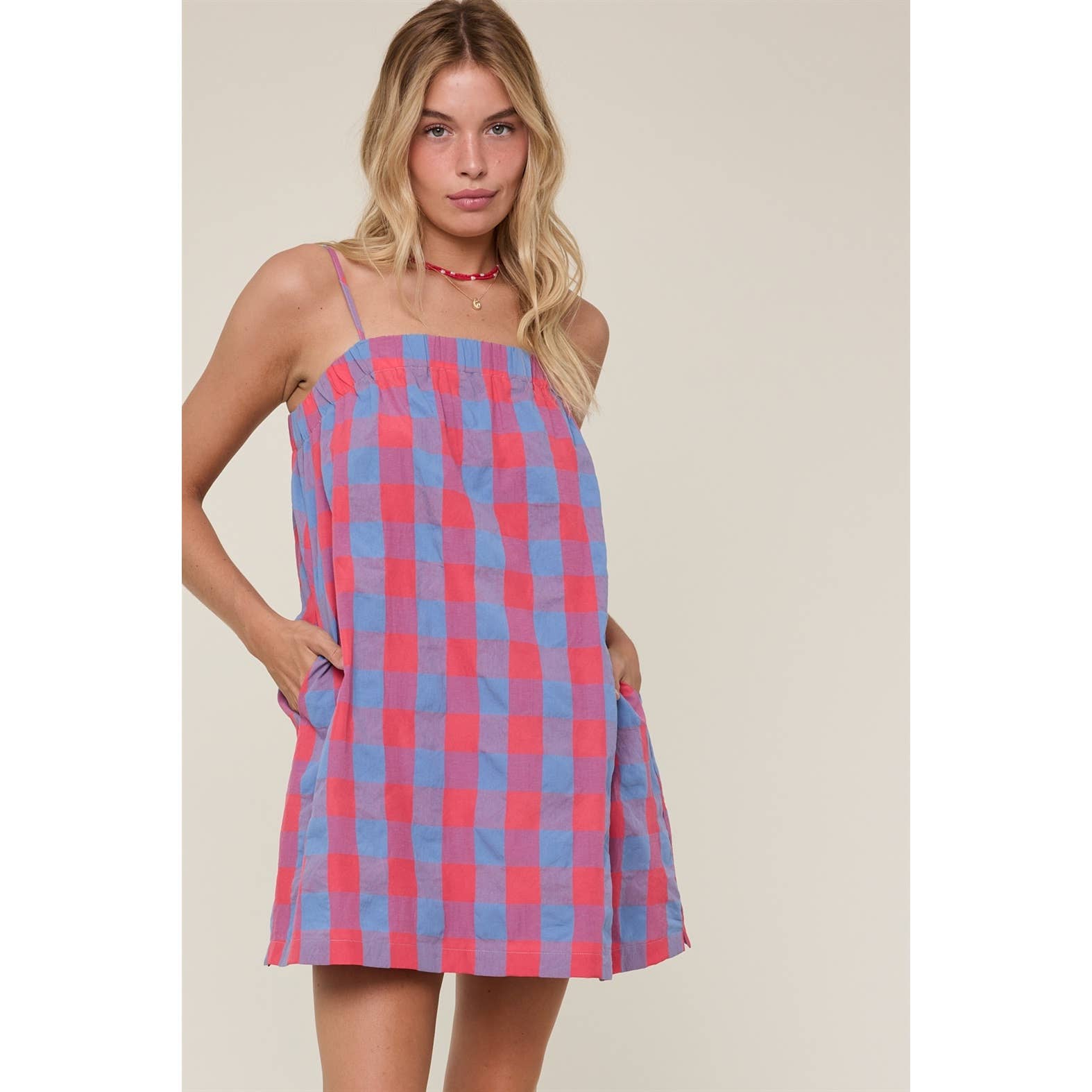PLAID CAMI MINI DRESS | CHERRY/BLUE