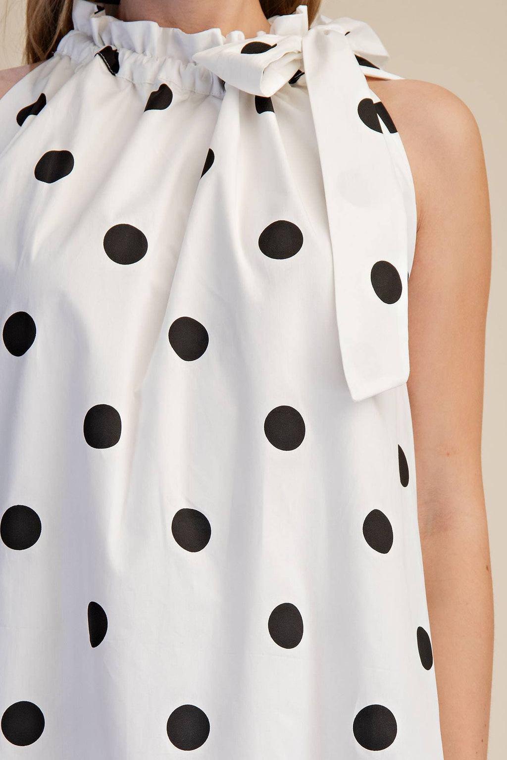 Polka Dot Midi Dress Sleeveless With Ruffle Neck Tie