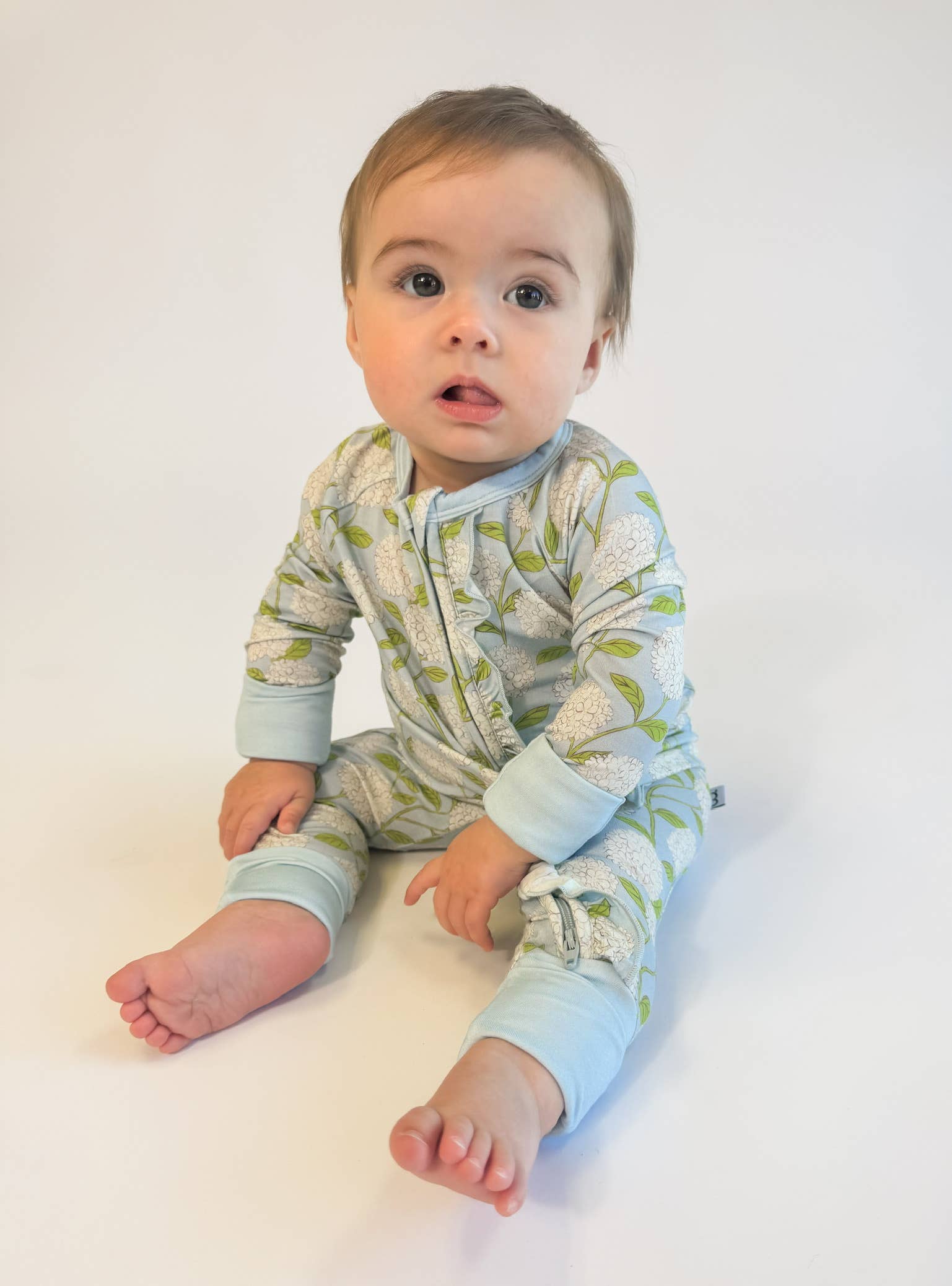 French Blue Hydrangeas Ruffle Sleep Romper
