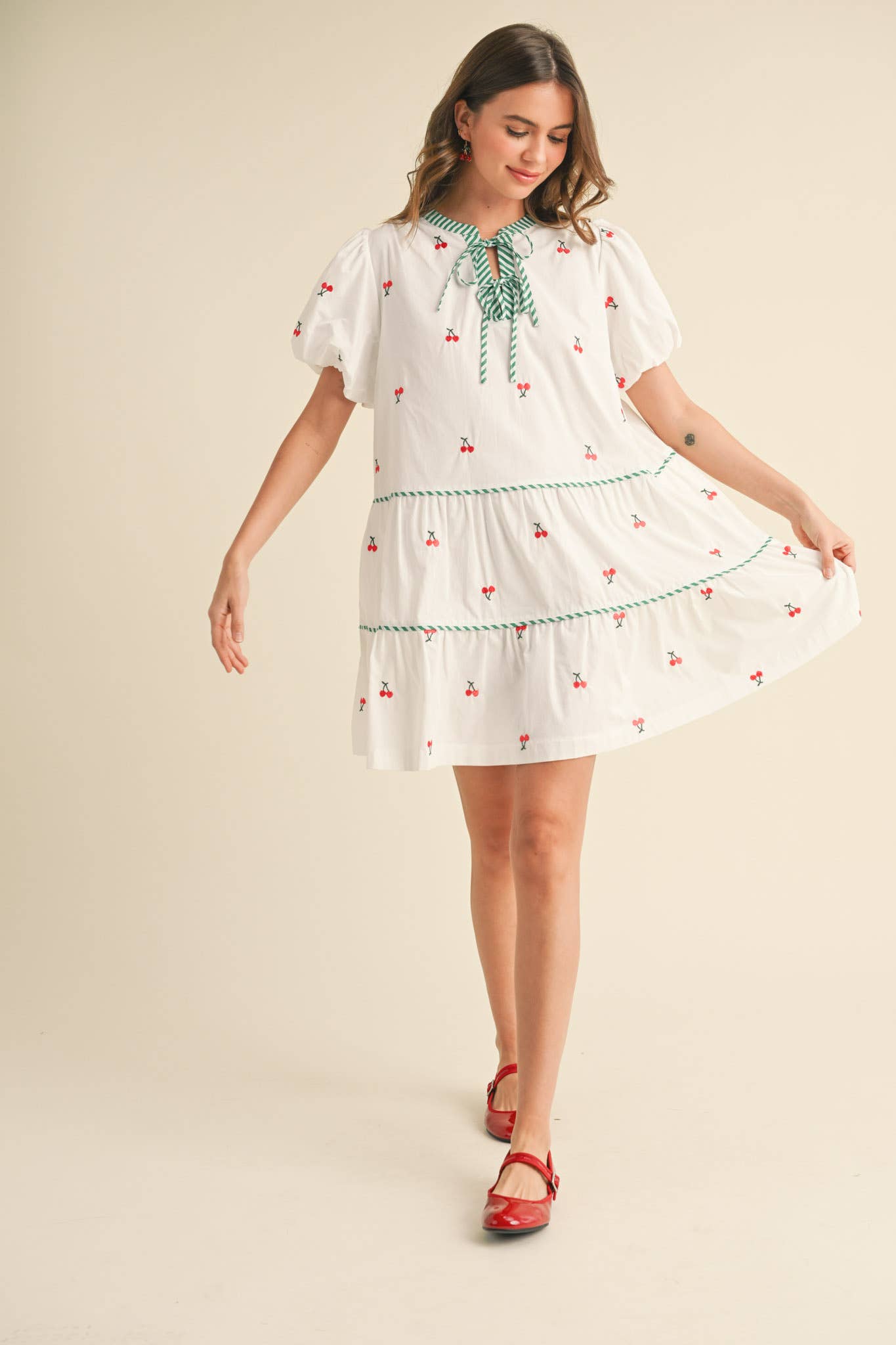 CHERRY EMBROIDERY PUFF SLEEVE MINI DRESS