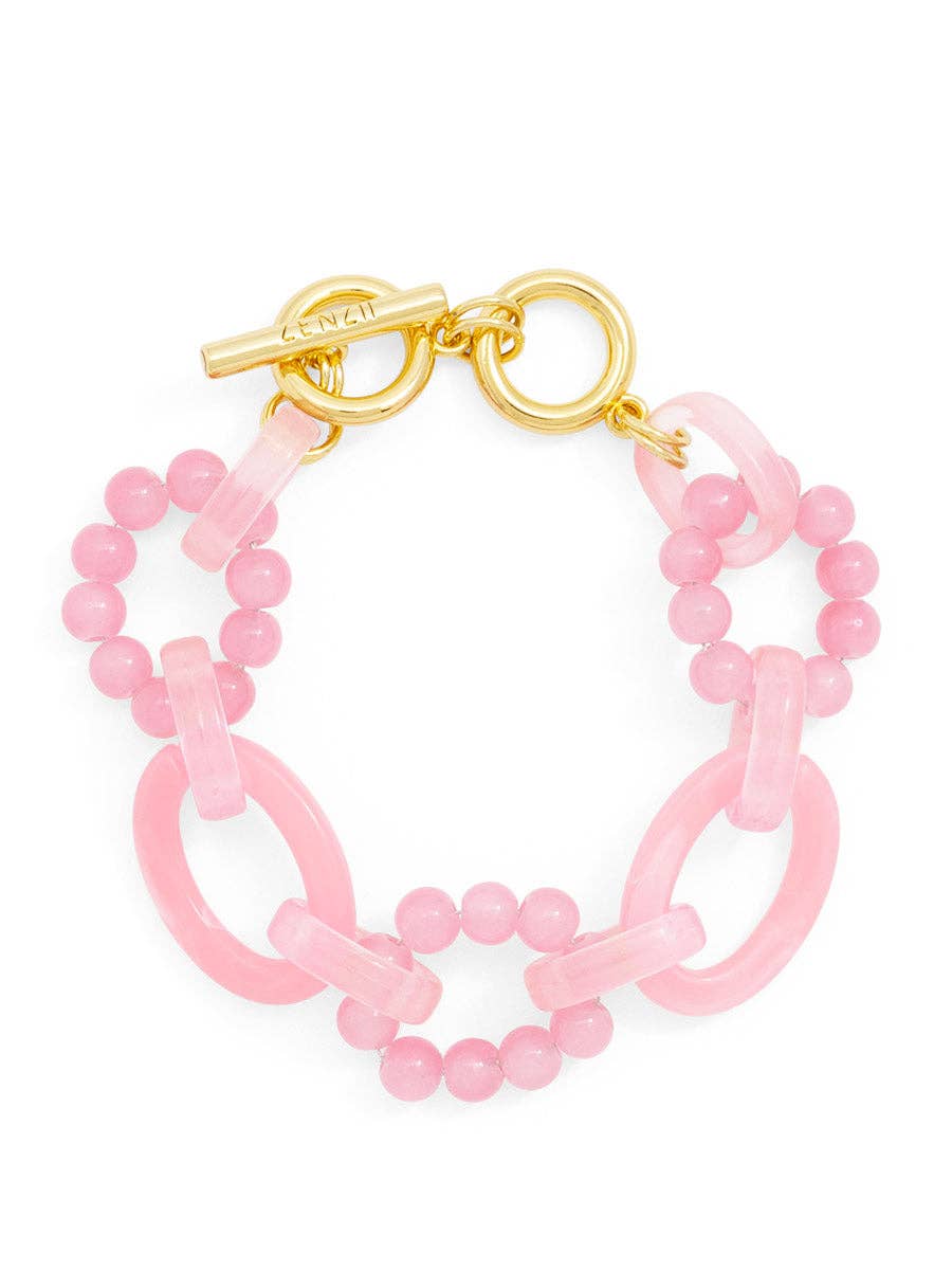 Glass Bead and Resin Link Toggle Bracelet / Light Pink