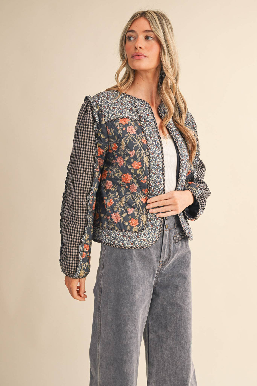 BURGUNDY MIXED PRINT QUILTED JACKET WITH RUFFLE TRIM