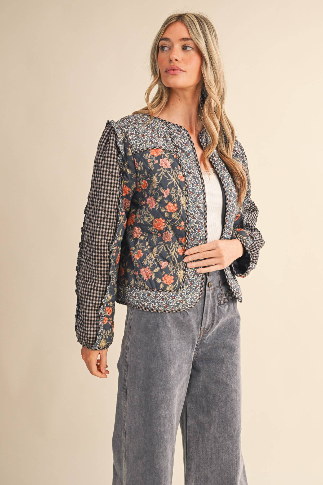 BURGUNDY MIXED PRINT QUILTED JACKET WITH RUFFLE TRIM