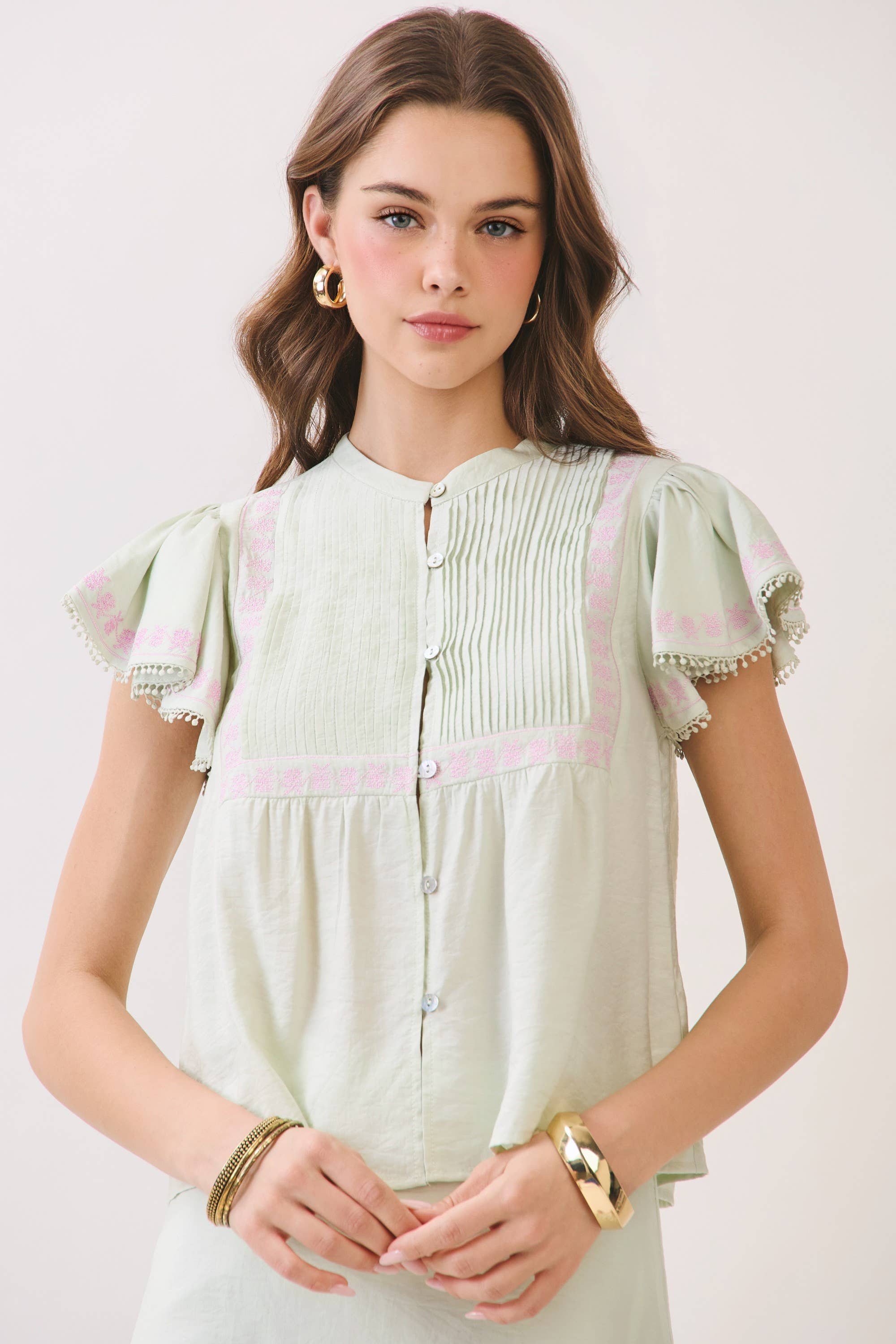 Embroidered Ruffle Trim Detail Button Down Top