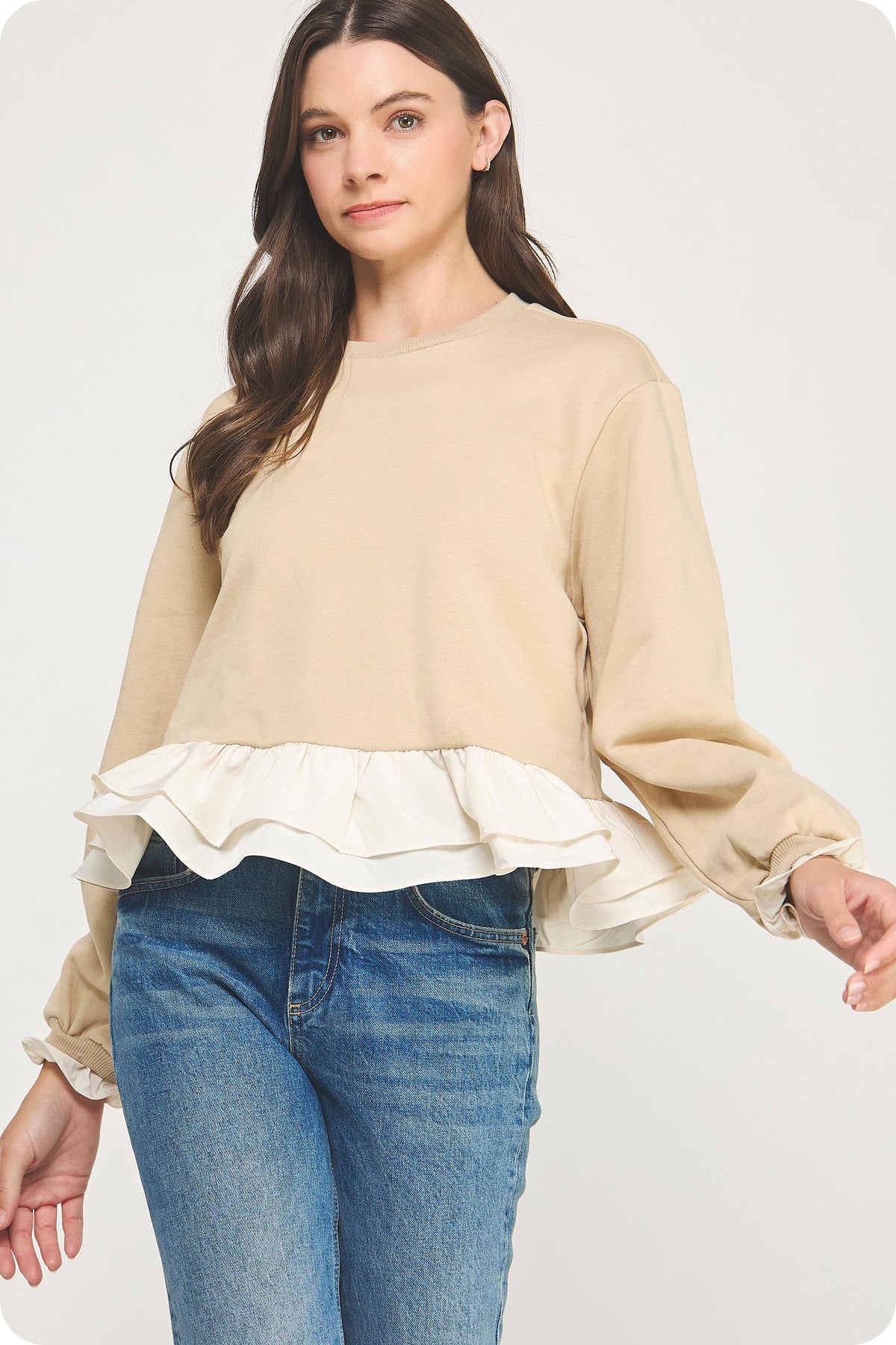 Contrast Ruffle Hem Crewneck Sweatshirt