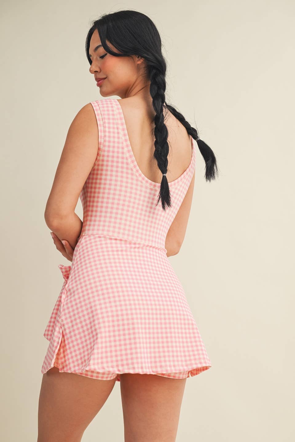 Pink Gingham Print Sleeveless Wrap Tie Front Dress