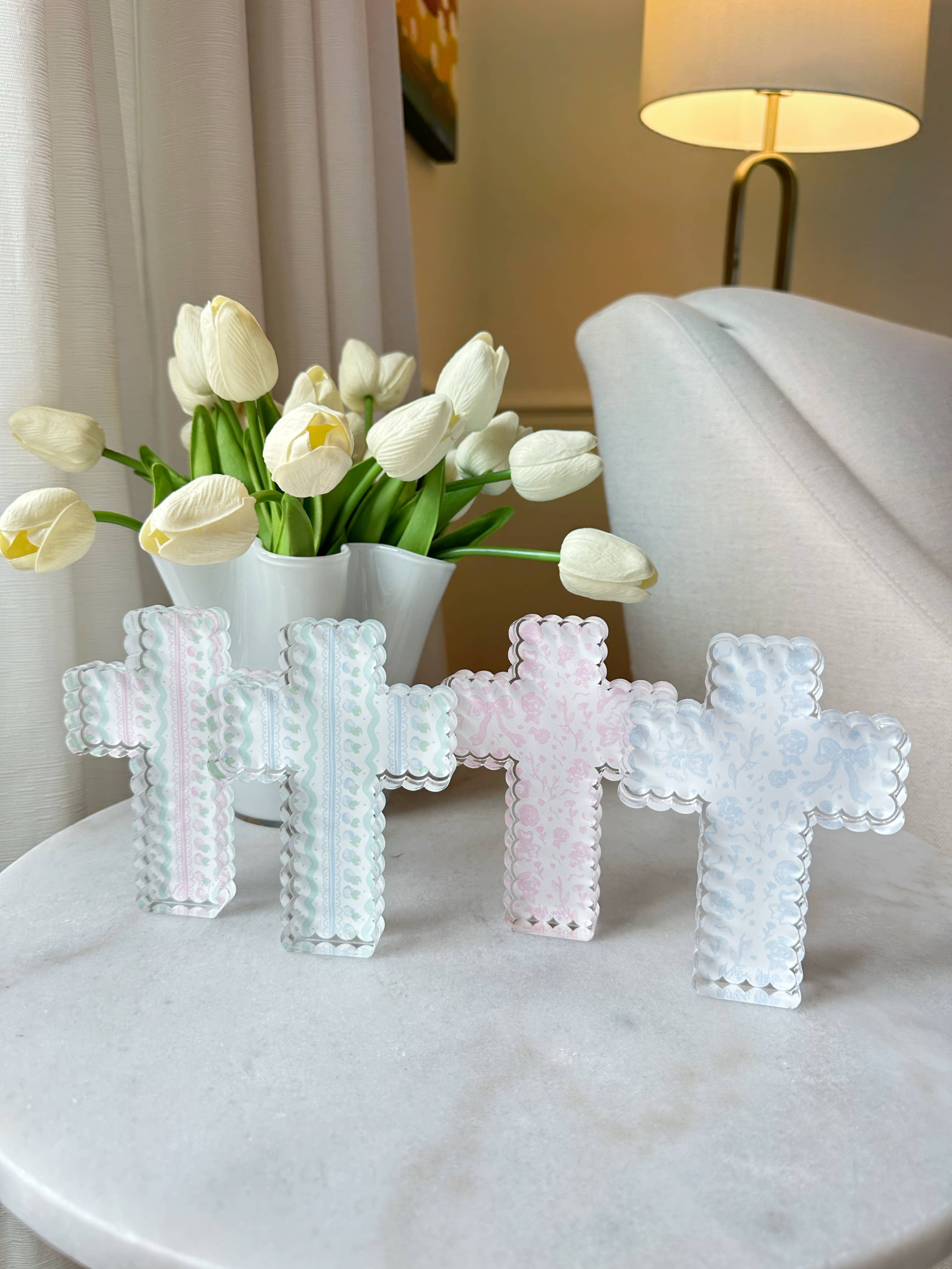 Pink Patterned Scalloped Acrylic Cross Block