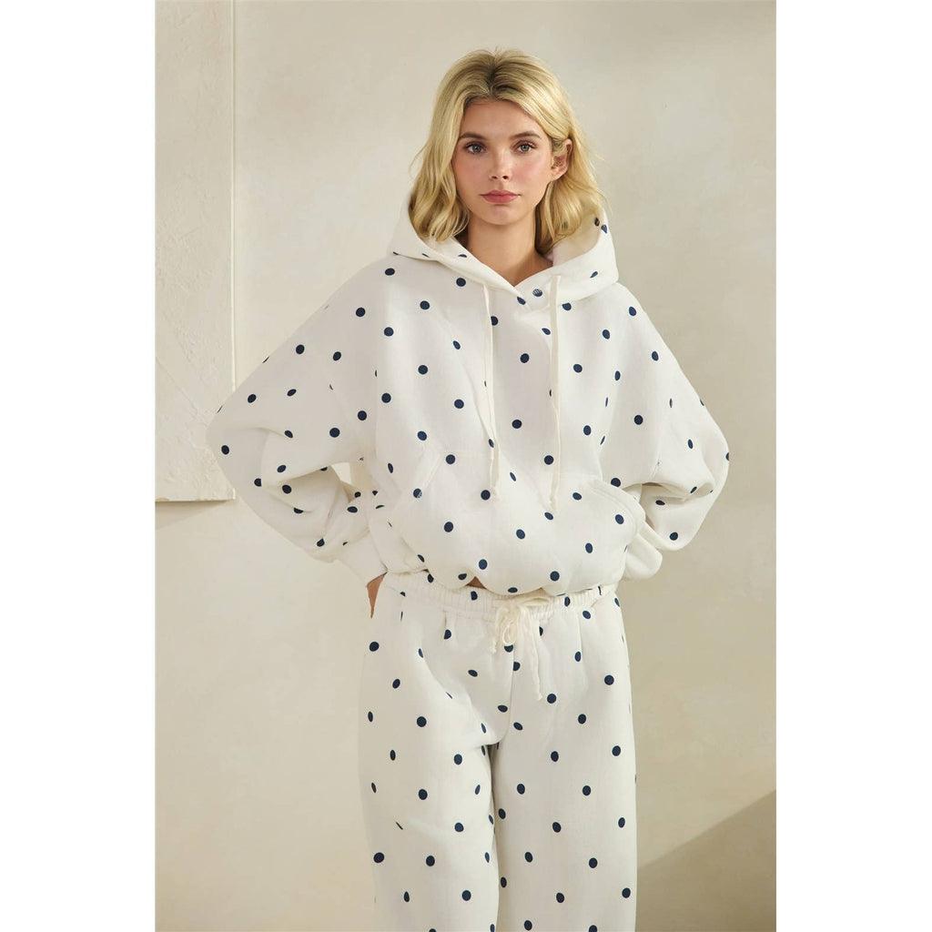 Printed Bubble Hem Sweat Set | Cream Navy Polka Dot
