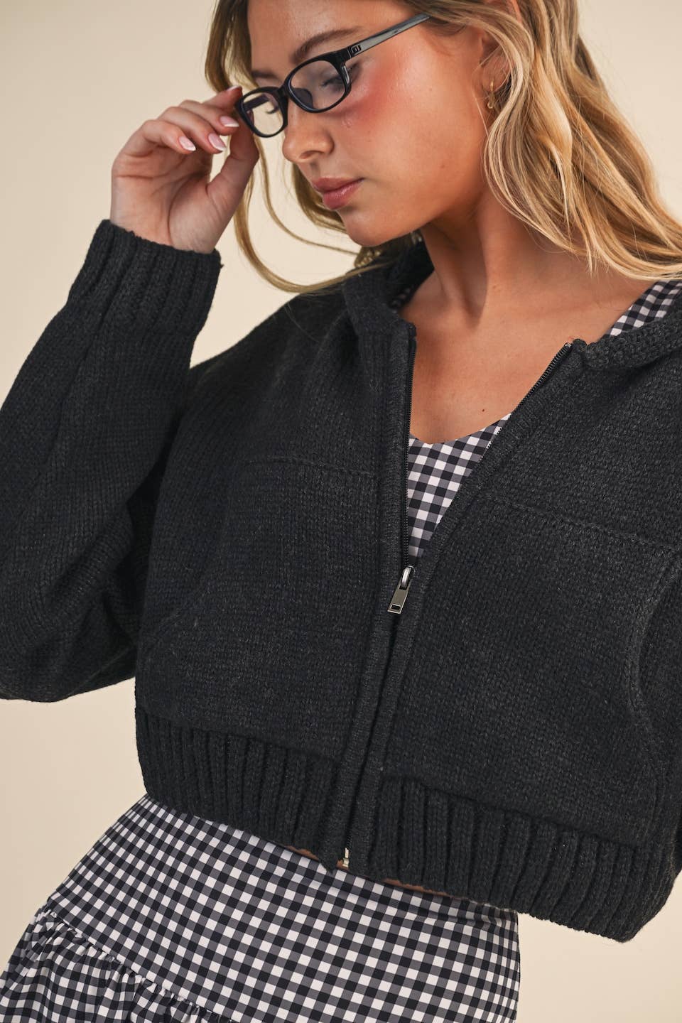 Knit Zip Up Hoodie Sweater: Black