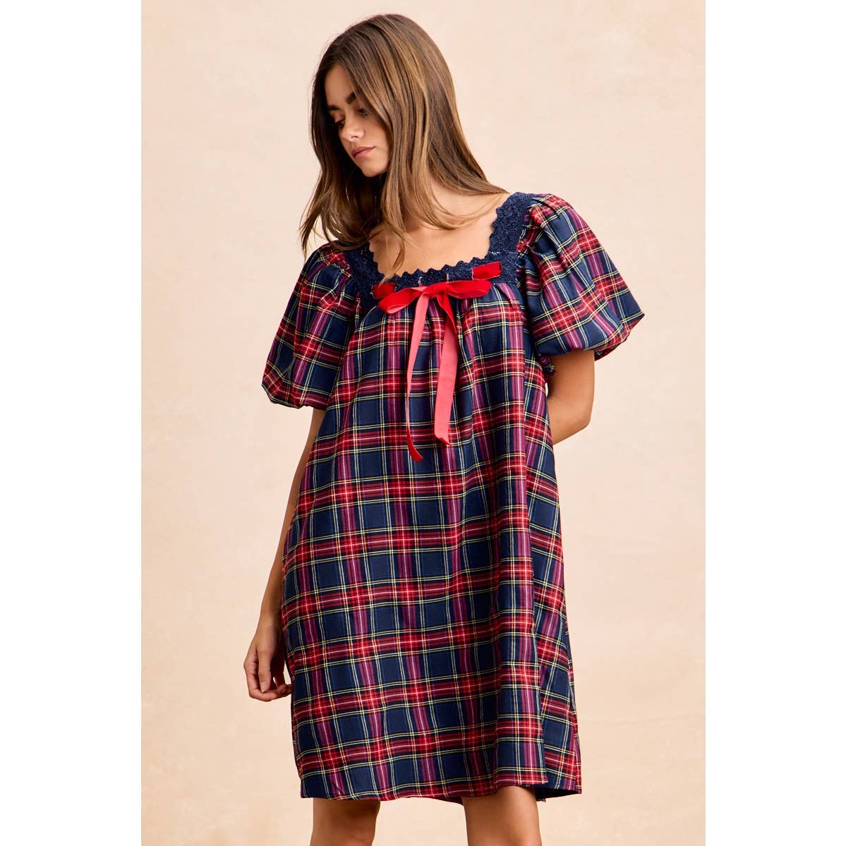 CHRISTMAS PLAID BALLOON SLEEVES SQUARED NECK DRESS