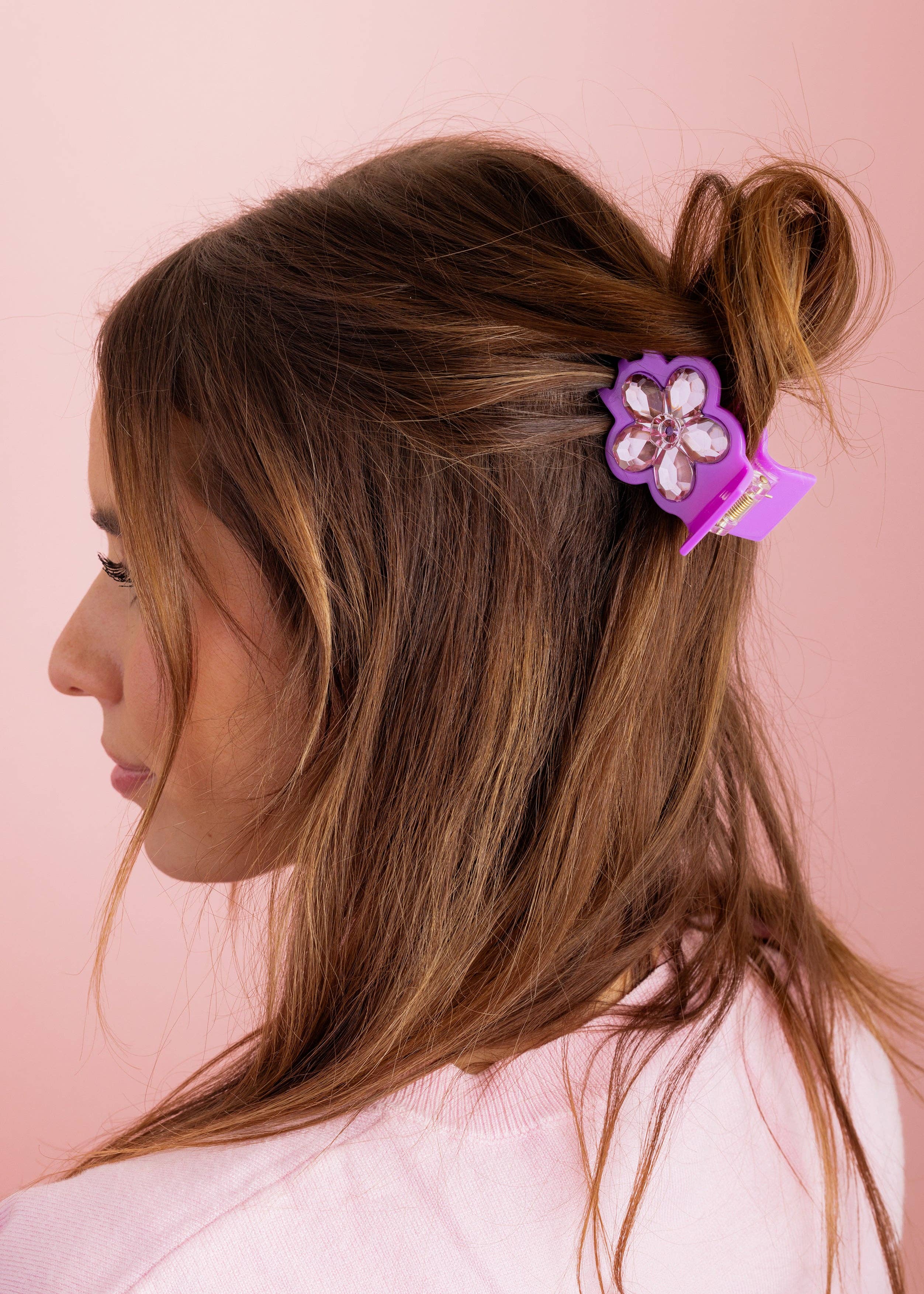 Small Claw Hair Clip - Purple w/ Pink Flower Gemstones