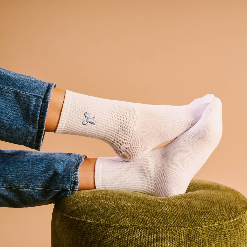 Embroidered Crew Socks-Blue Bow