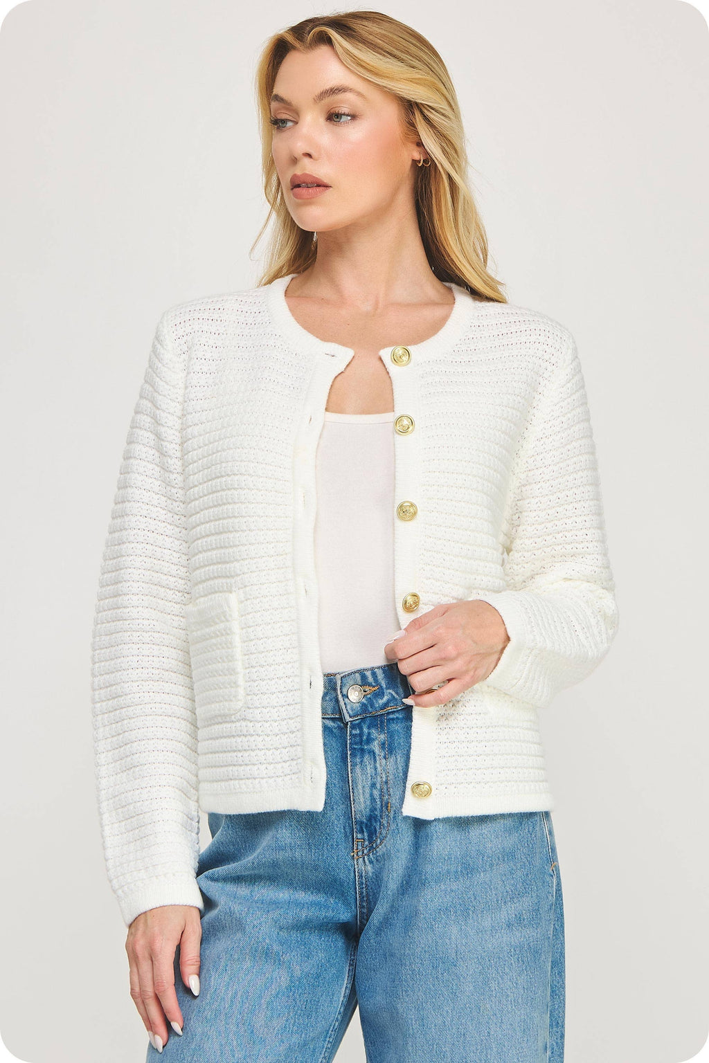 Textured Knit Cardigan: Off White