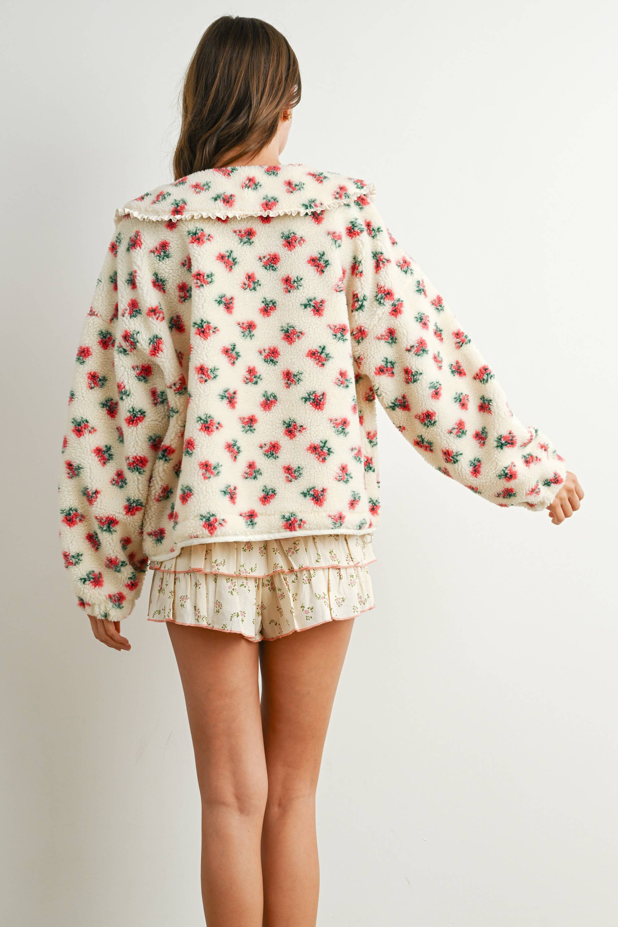 Floral Puffy Tie-Front Sherpa Jacket
