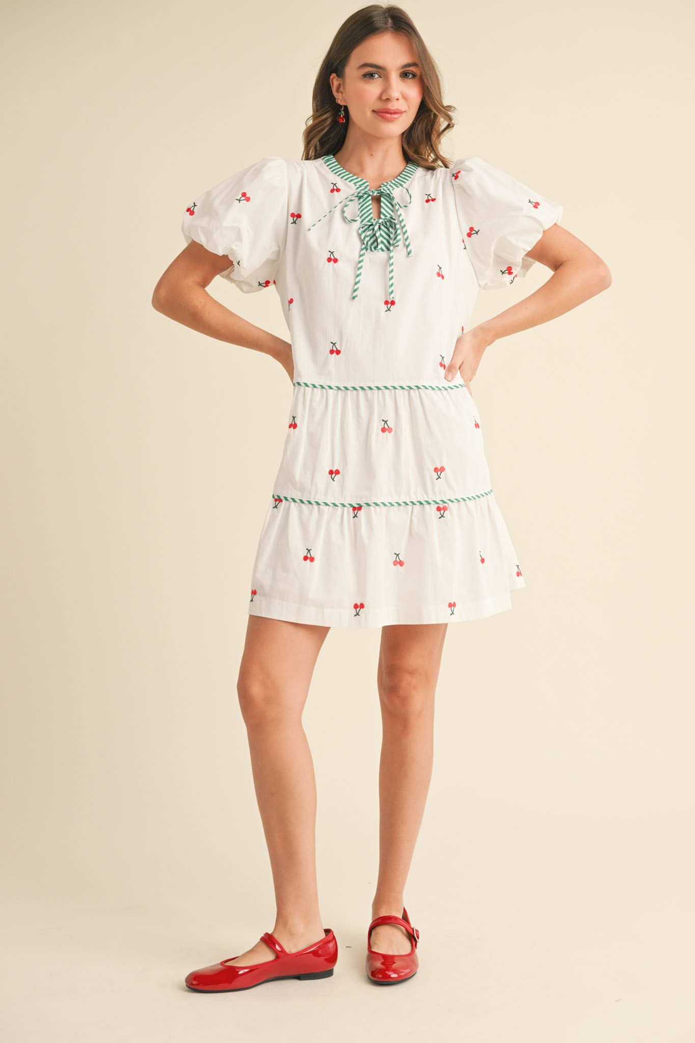 CHERRY EMBROIDERY PUFF SLEEVE MINI DRESS