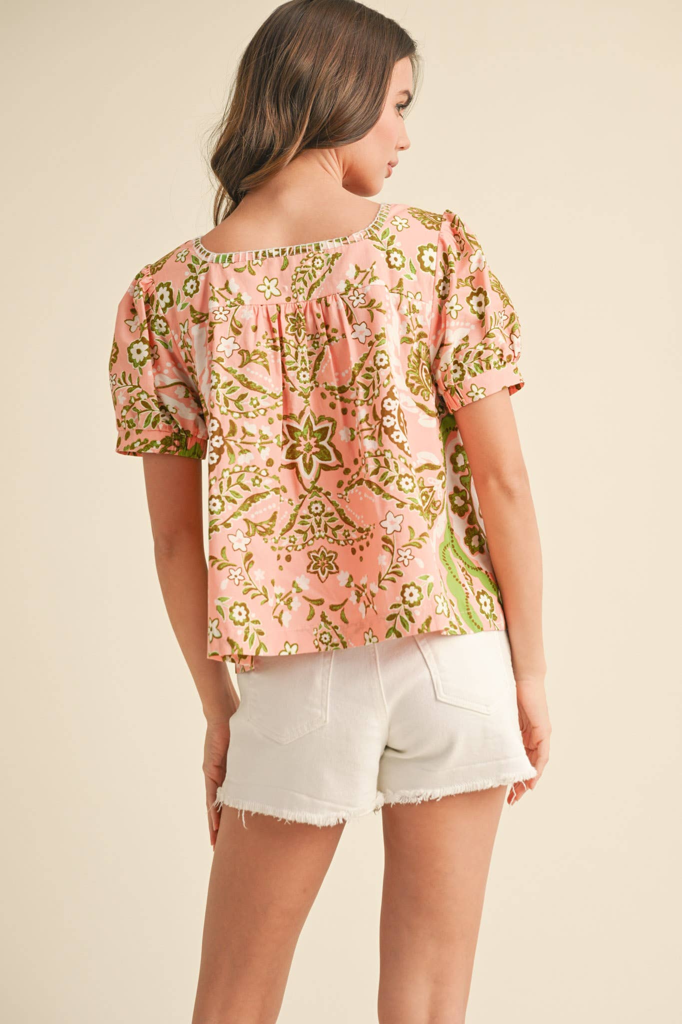 MEDALLION PRINT TIE FRONT PUFF SLEEVE TOP