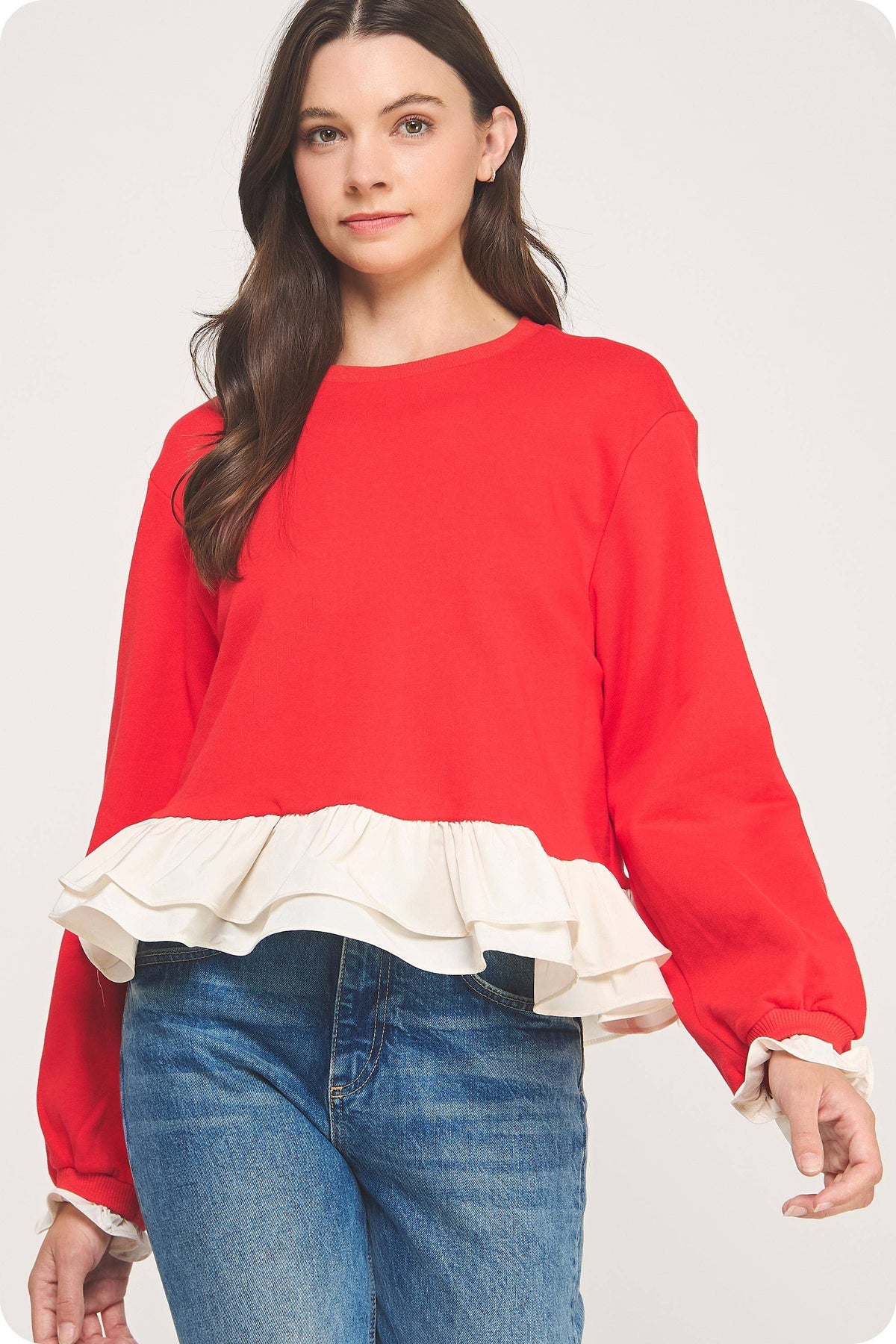 Contrast Ruffle Hem Crewneck Sweatshirt