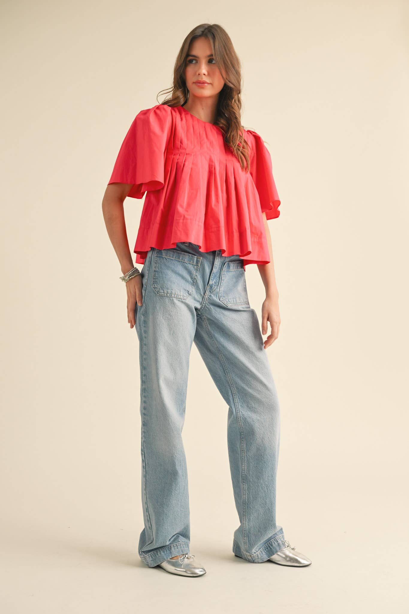 PLEATED SHORT SLEEVE TOP CERISE PINK