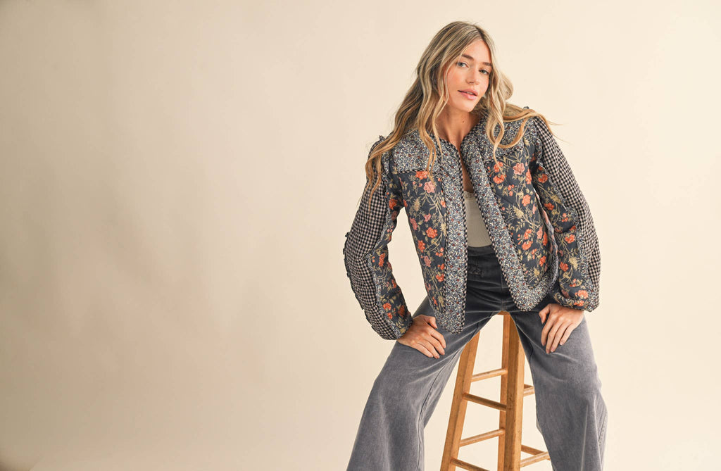 BURGUNDY MIXED PRINT QUILTED JACKET WITH RUFFLE TRIM