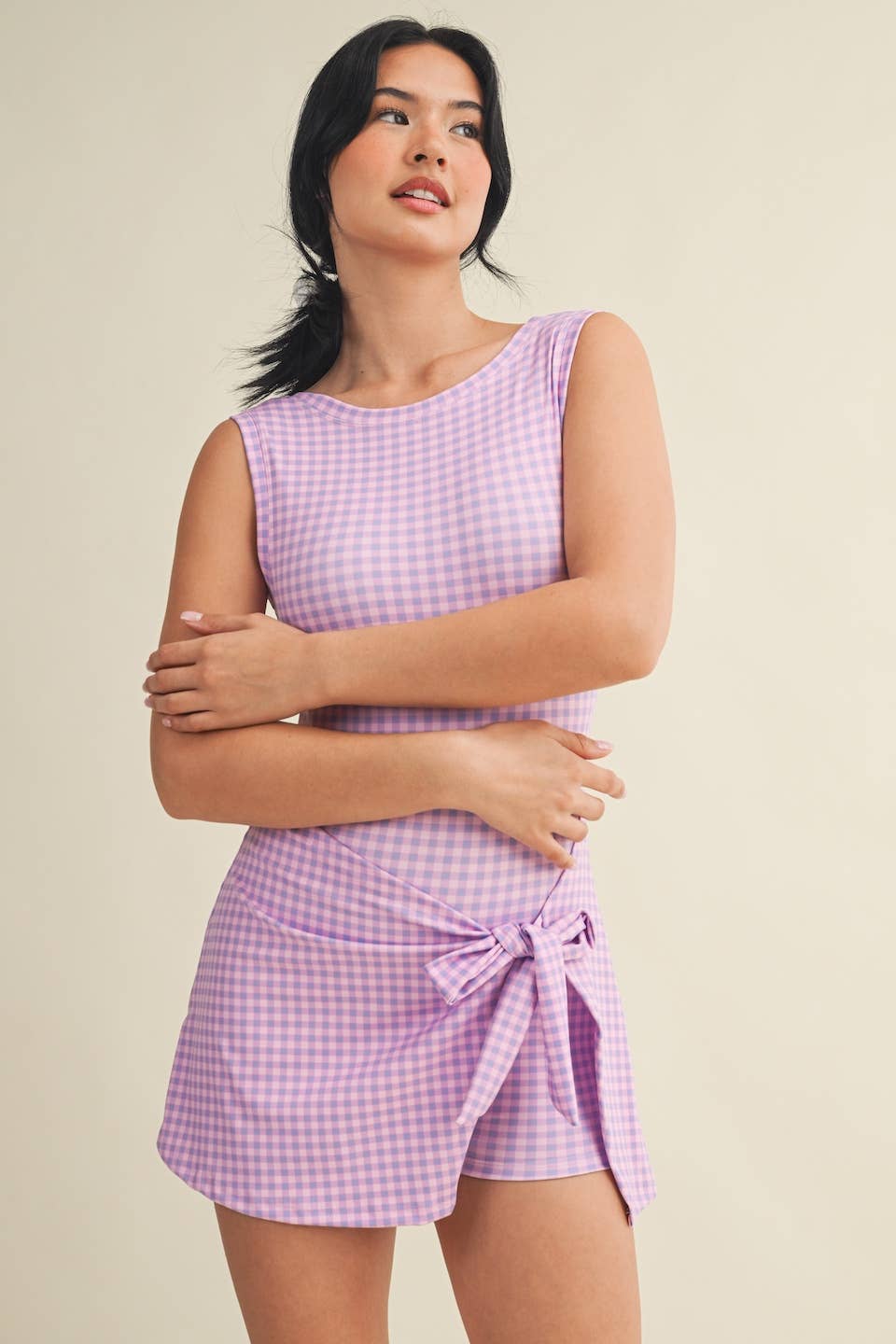 Pink Gingham Print Sleeveless Wrap Tie Front Dress