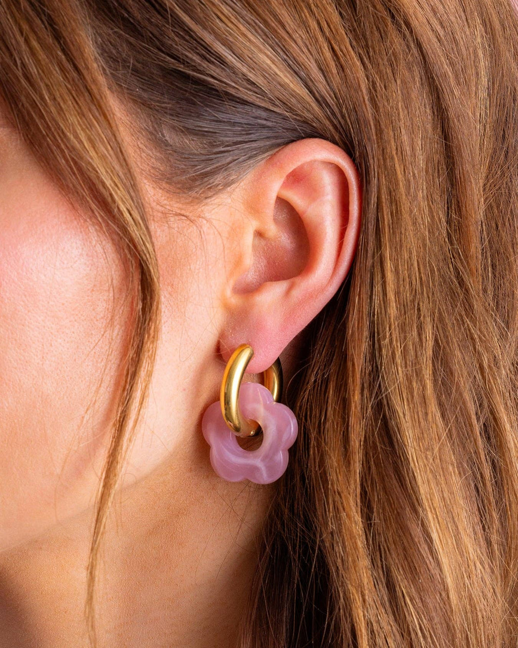Laurel Huggie Earrings - Gold Hoops + Pink Acrylic Flowers