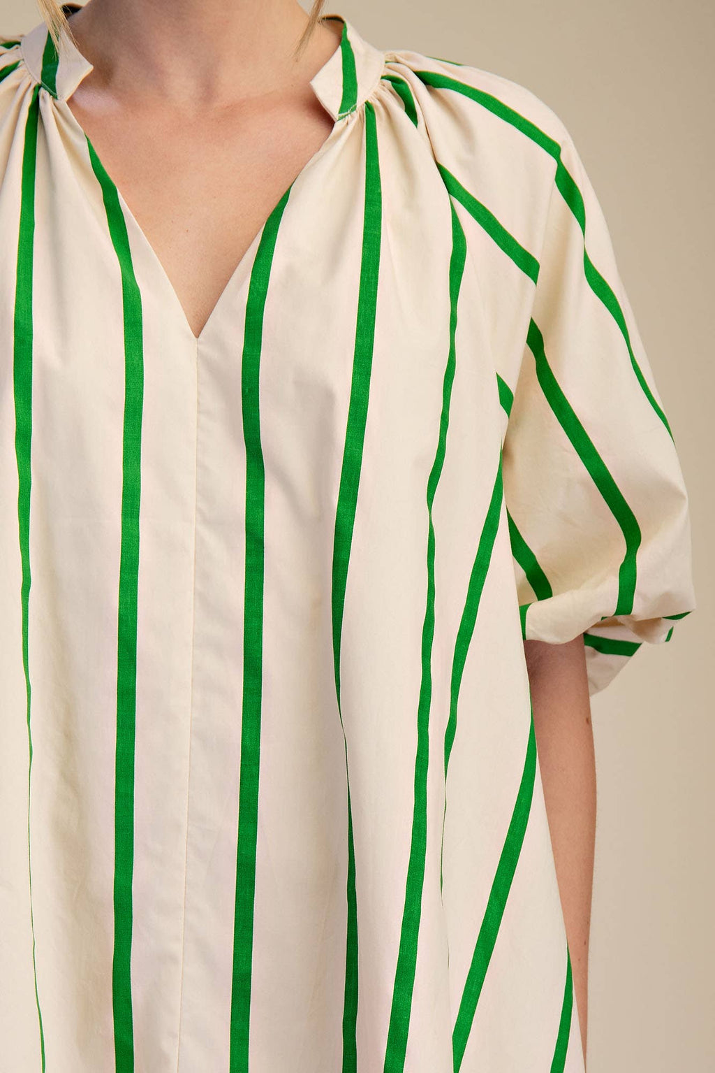 Puff-Sleeve Green Stripe Mini Shift Dress