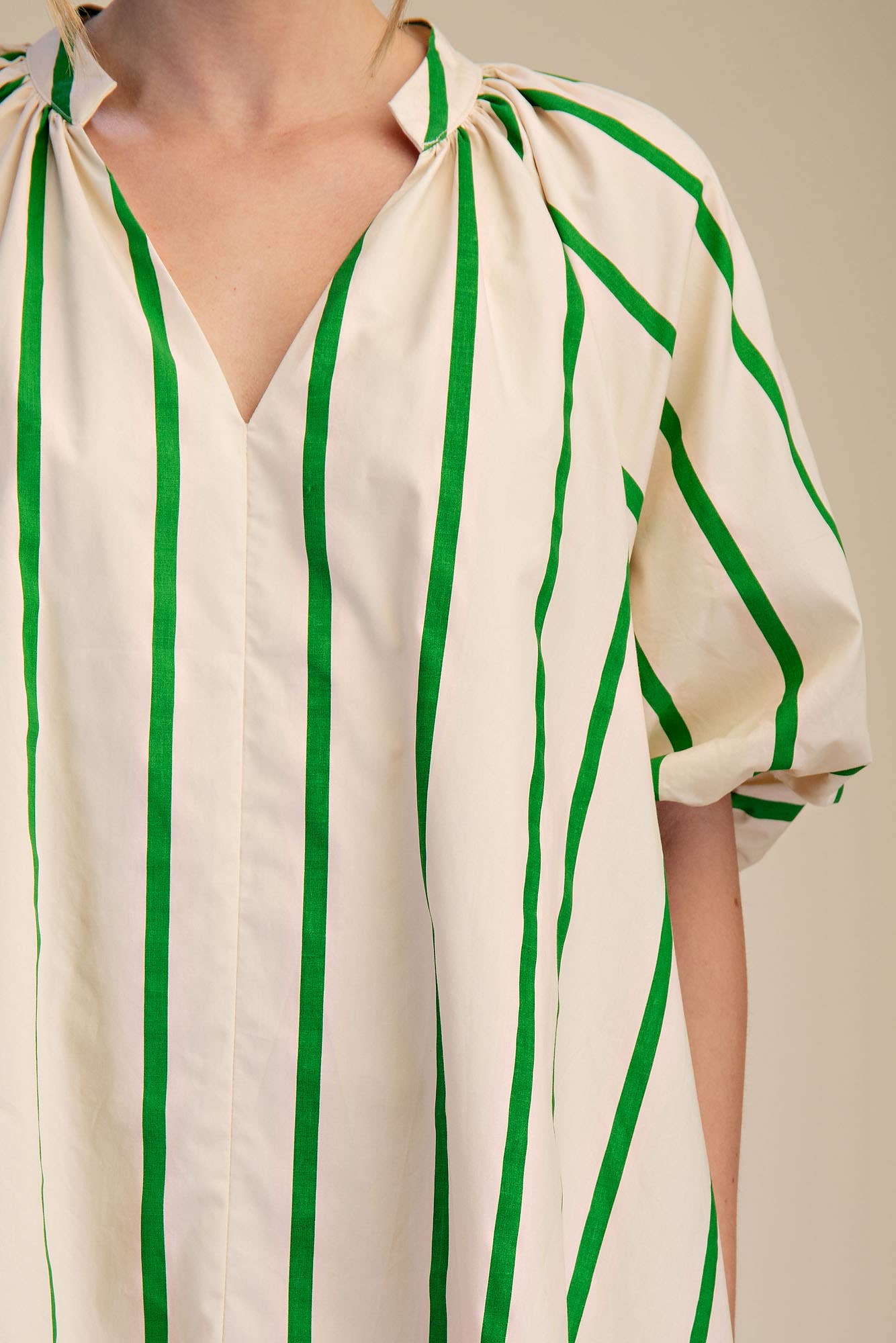 Puff-Sleeve Green Stripe Mini Shift Dress