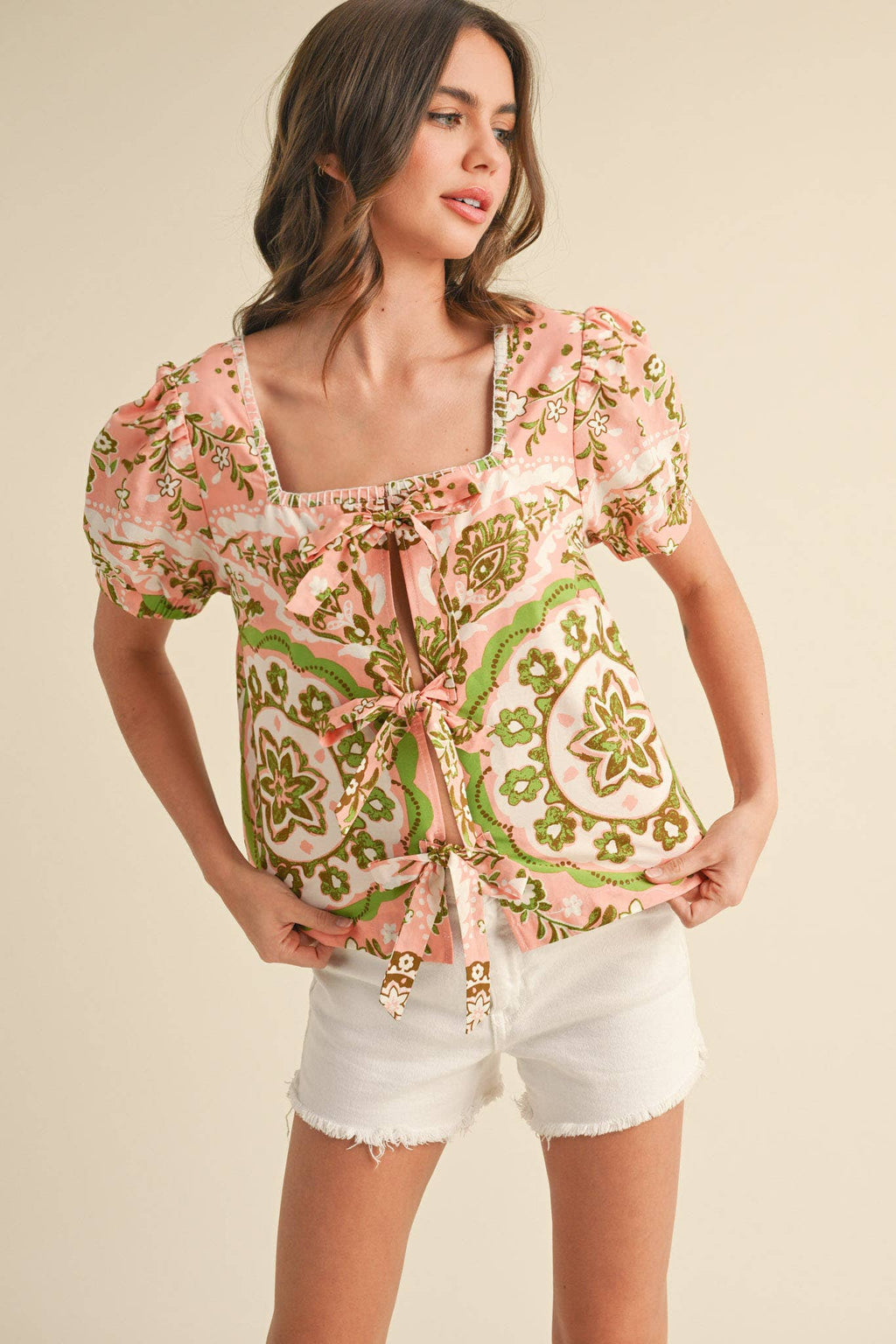 MEDALLION PRINT TIE FRONT PUFF SLEEVE TOP