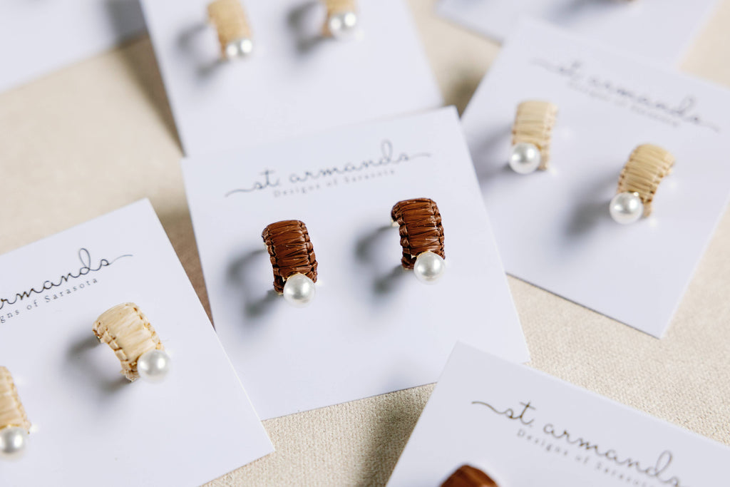 Mini Natural Raffia and Pearl Huggie Hoop Earring