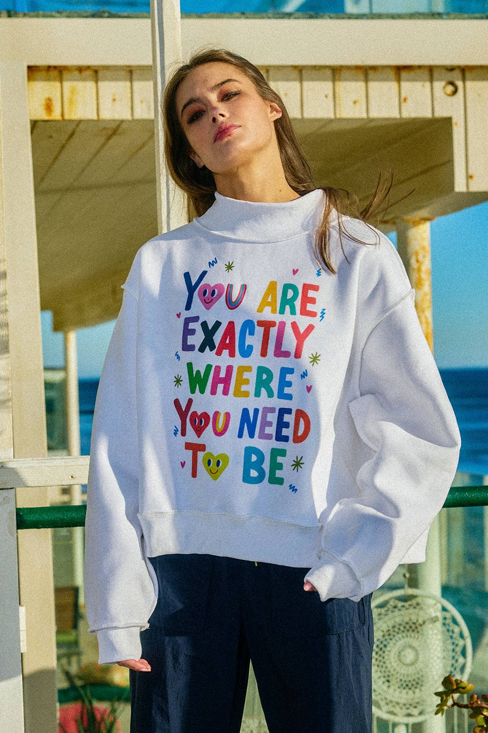 Reversible Graphic Mock-Neck Crop Sweatshirt | White
