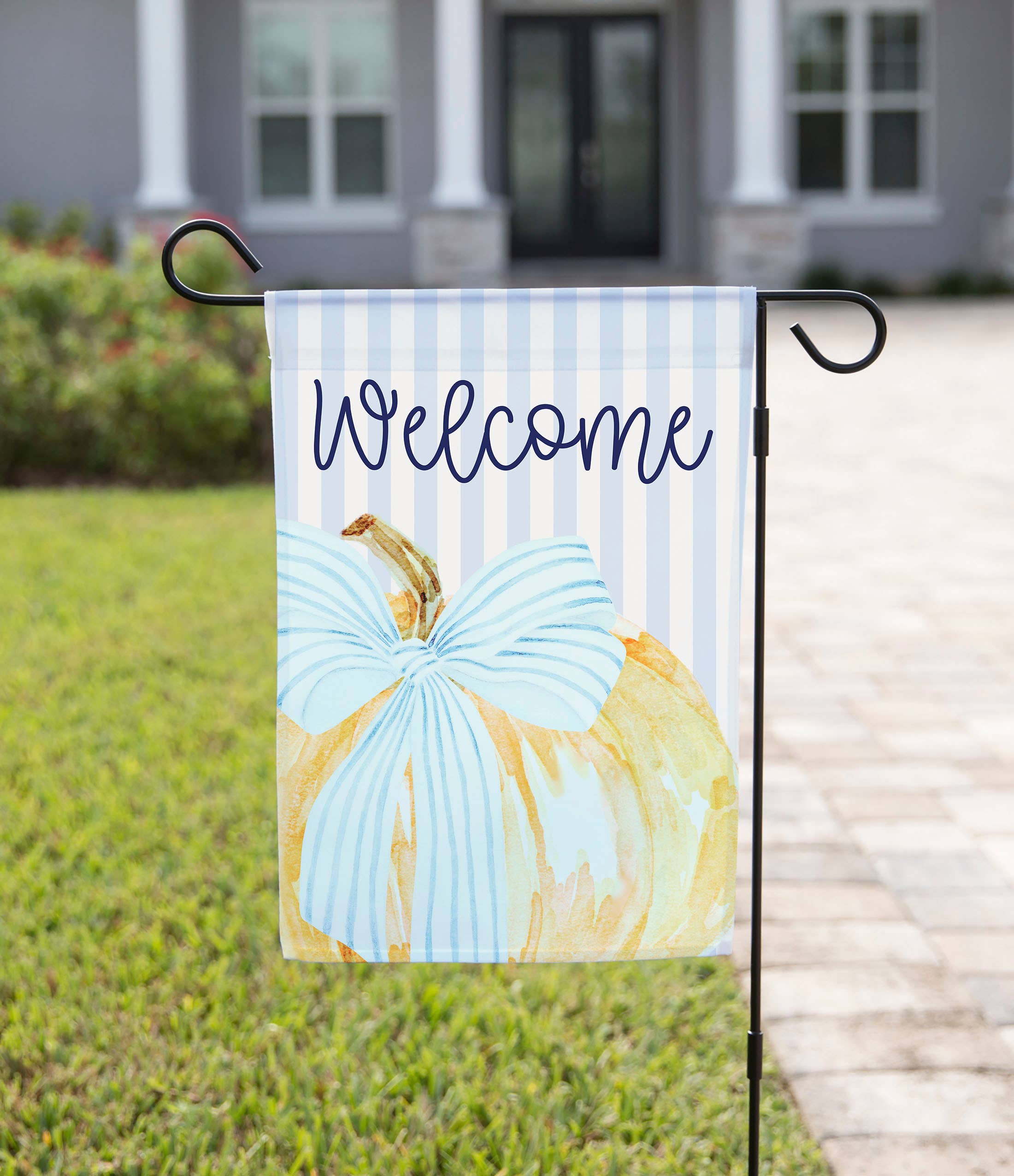 Fall Pumpkin Blue Coquette Garden Flag: 12" x 18" - Double-Sided